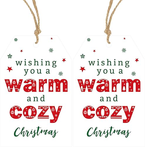 Anwyll Etiquetas de regalo de Navidad, 50 etiquetas de regalo de Navidad con cuerda, deseándote una cálida y acogedora etiquetas de Navidad para