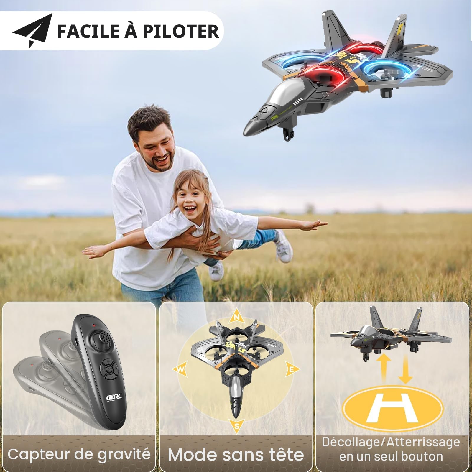 4DRC V17 Avion à Télécommande 2.4GHz en Mousse, Avion RC, Hélicoptère, Quadricoptère pour Adultes et Enfants, Drone Acrobatique avec Sensibilité Gravitationnelle, 2 Batteries Incluses