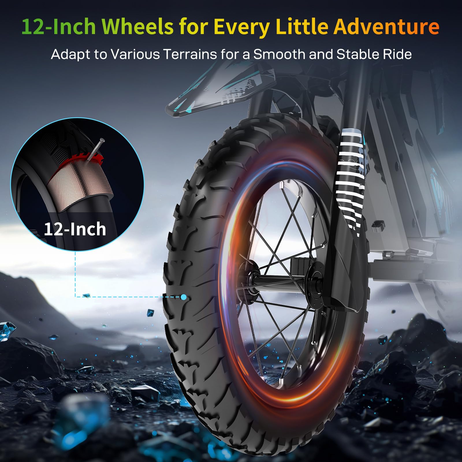 Moto elettrica per bambini EVERCROSS EV13M con pneumatici larghi 12”, modalità di velocità 8/16KM/H e autonomia 12KM, sistema frenante a disco, per bambini di età compresa tra 3 e 7 anni