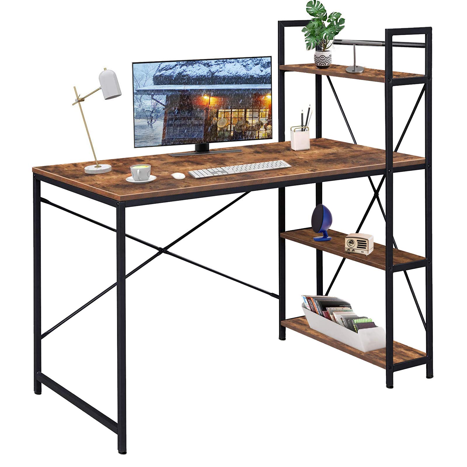 Computer Desk with Shelves 47 Inch, Bomcosy Writing Desk with 4-Tier Storage Bookshelf Home Office Desk Study Table Work Desk with Shelves Office Bookshelf Corner Desk Easy Assemble