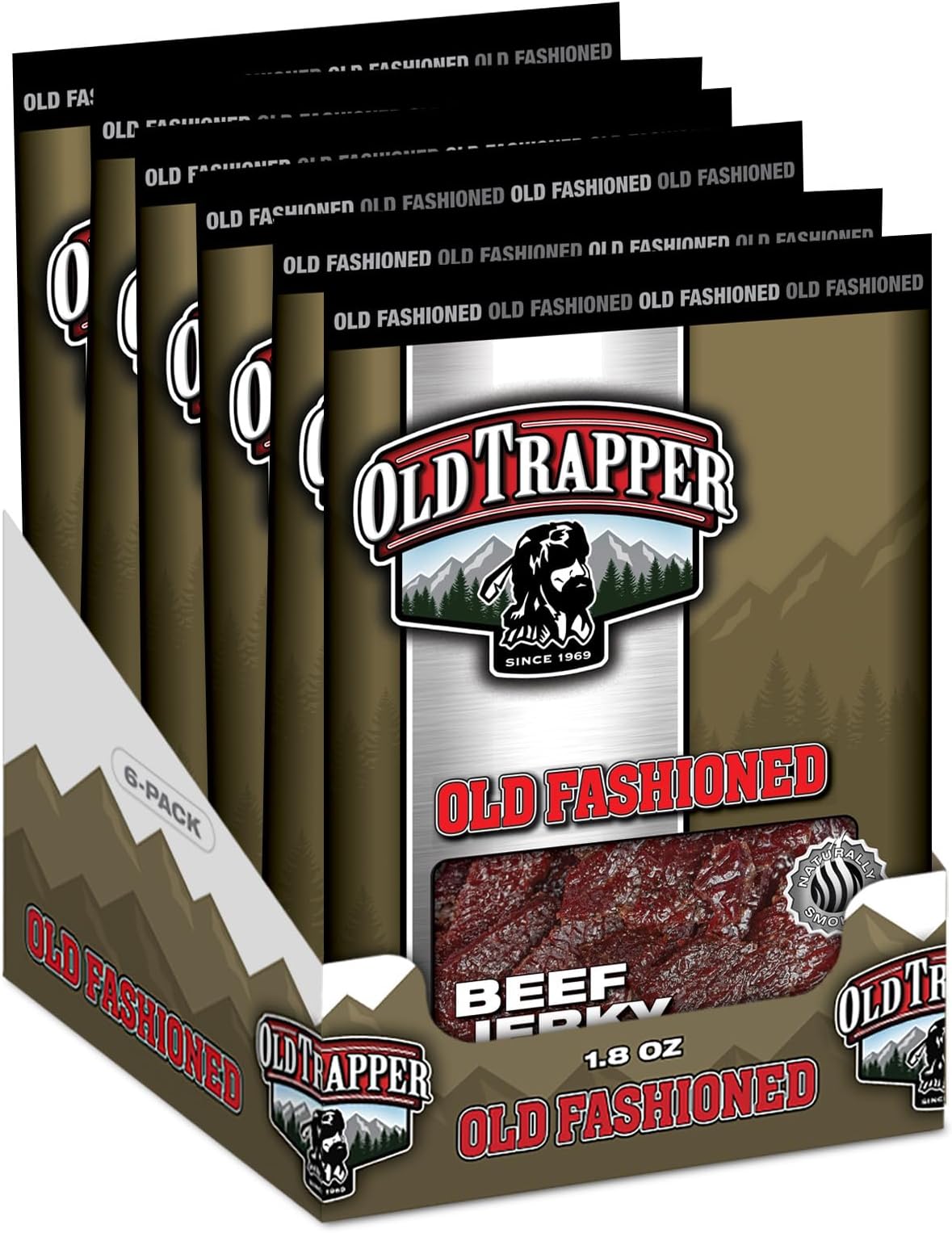 Old Trapper Old-Fashioned Beef Jerky, 1.8-Ounce Individual Packages, Great Size for Quick Snacking, 11 Grams of Protein and Zero Grams of Fat Per Serving (Pack of Six)