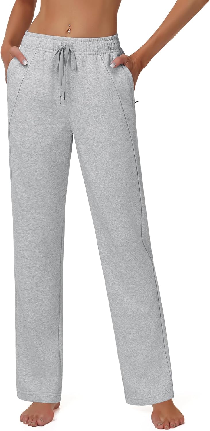 MIVEI Women's Cotton Straight Leg Sweatpants - French Terry Lounge Athletic Yoga Sweat Pants with Drawstring Zipper Pockets