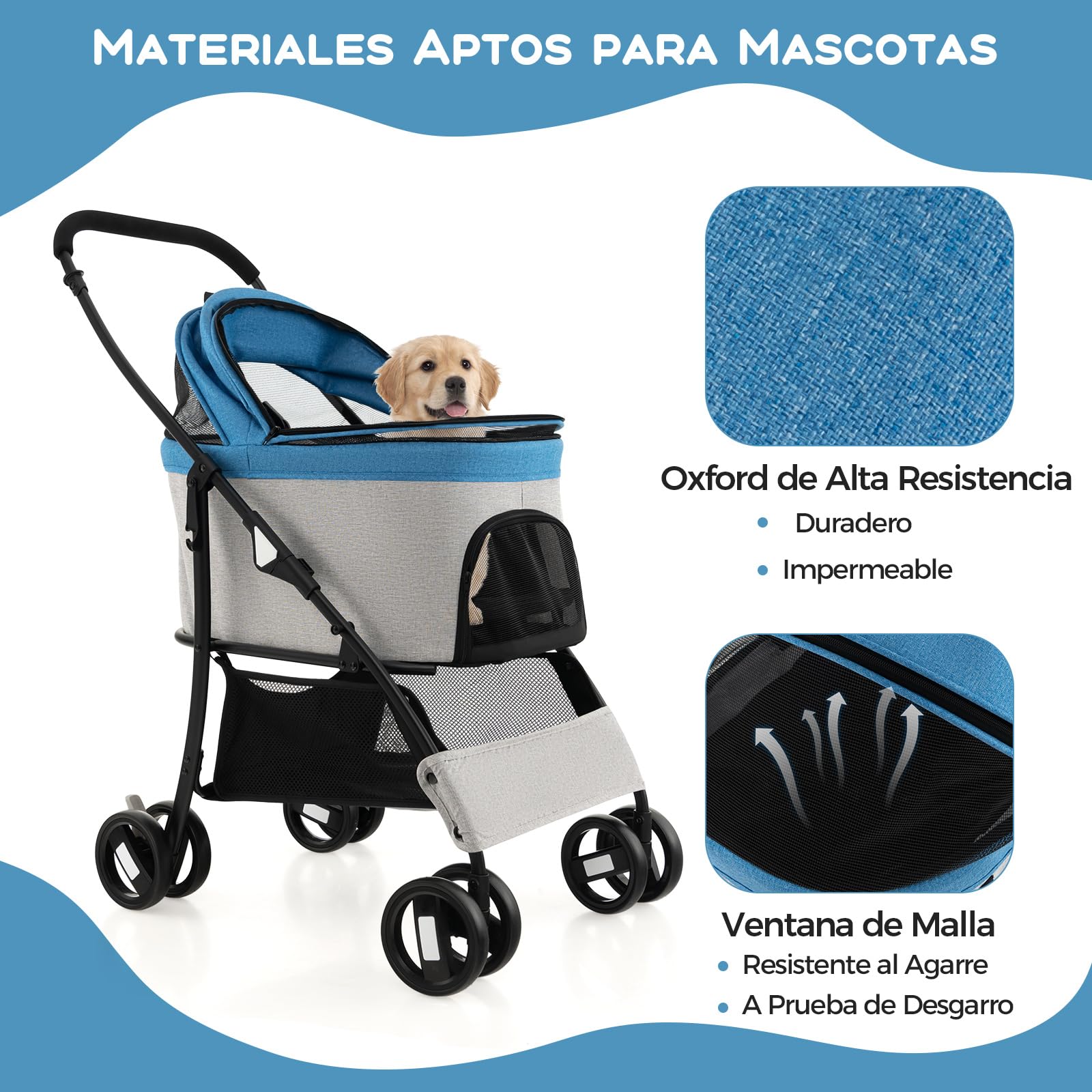 COSTWAY 3 en 1 Cochecito para Mascotas Plegable, Cochecito de Mascotas con Toldo Ajustable de 4 Niveles y Cesta de Almacenamiento, Carrito para Gatos con Porta Asiento de Coche Extraíble (azul)