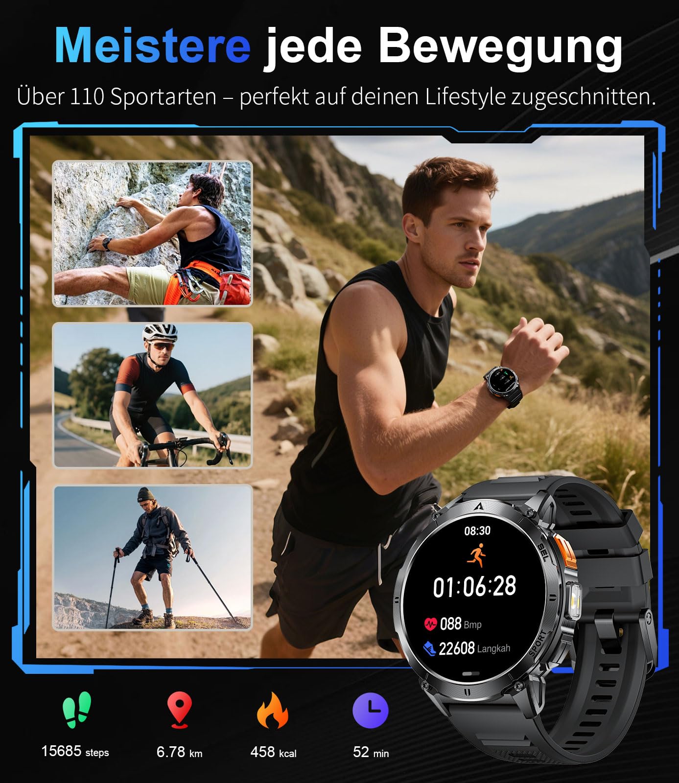 Smartwatch Herren Militär mit LED-Licht, 1,62 Zoll AMOLED Display Fitnessuhr mit Telefonfunktion, 730mAh Akku, 24/7 Herzfrequenz/Schlafmonitor, 119 Sportmodi Sportuhr für iOS Android, 2 Uhrenbänder