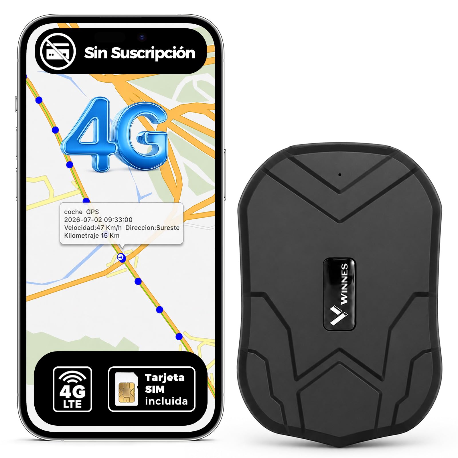 Localizador GPS con Imán para Coches, Rastreador GPS 4G sin Suscripción | Seguimiento en Tiempo Real, Historial de Rutas, Alarmas Antirrobo, 20000mAh Batería, Resistente al Agua IP65, con Tarjeta SIM
