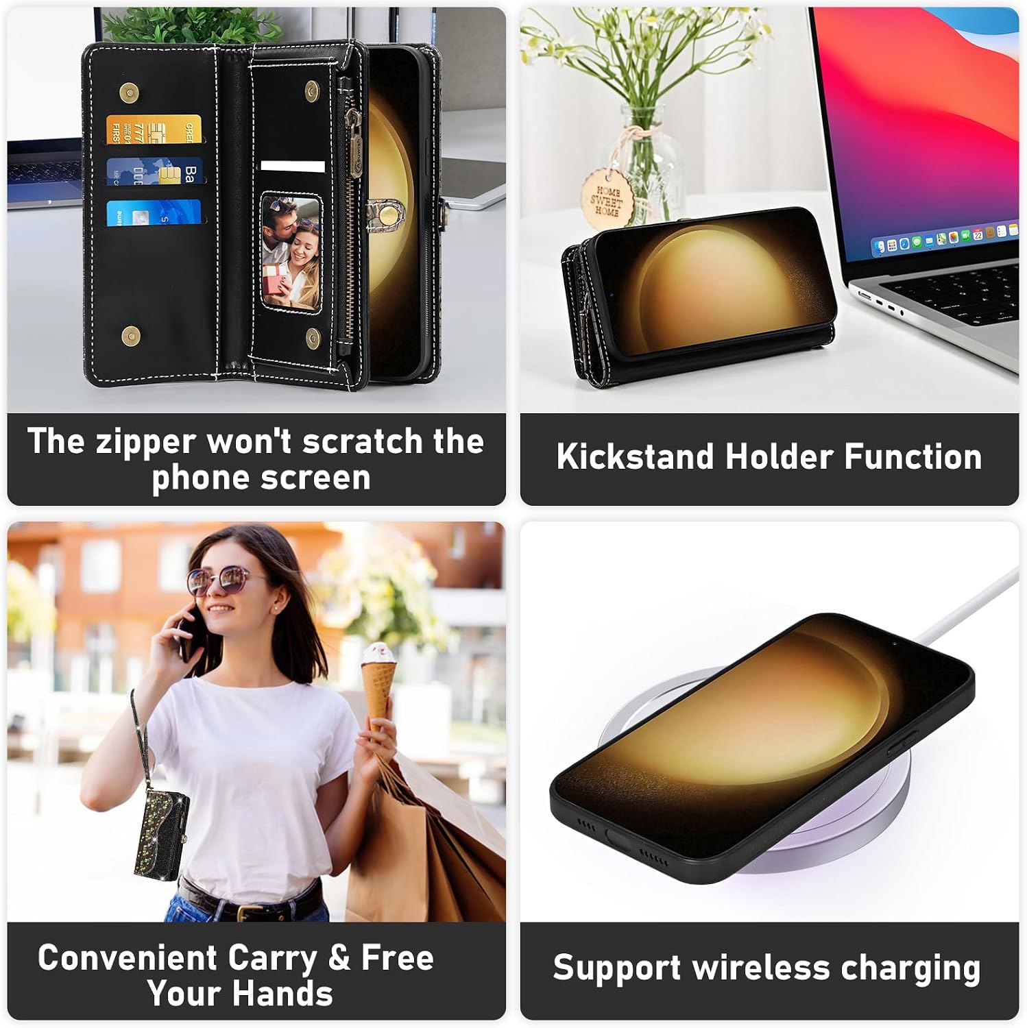 Asuwish Phone Case for Samsung Galaxy S23 Plus S23+ 5G Zipper Wallet Detachable with Screen Protector Cover and Card Holder Slot Wrist Strap S23plus 23S + S 23 23+ SM-S916U 6.6 inch Women Men Black