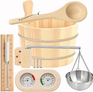 5 Pcs Sauna Accessories Kit, Bucket and Ladle Set, Thermo-Hygrometer, Sauna Hourglass, Brush, Exfoliating Volcanic Rocks, Wooden Sauna Bucket, 1 Gallon (4 L) Water Capacity, Handmade (Wood)