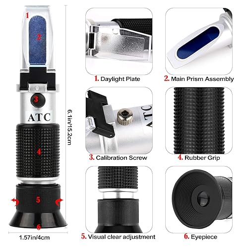 Miniatura 4 de XinJiaJi - Hidrómetro óptico, refractómetro óptico Brix para elaboración de vino, a doble escala, Brix 0-40% y alcohol 0-25% Vol, refractómetro de