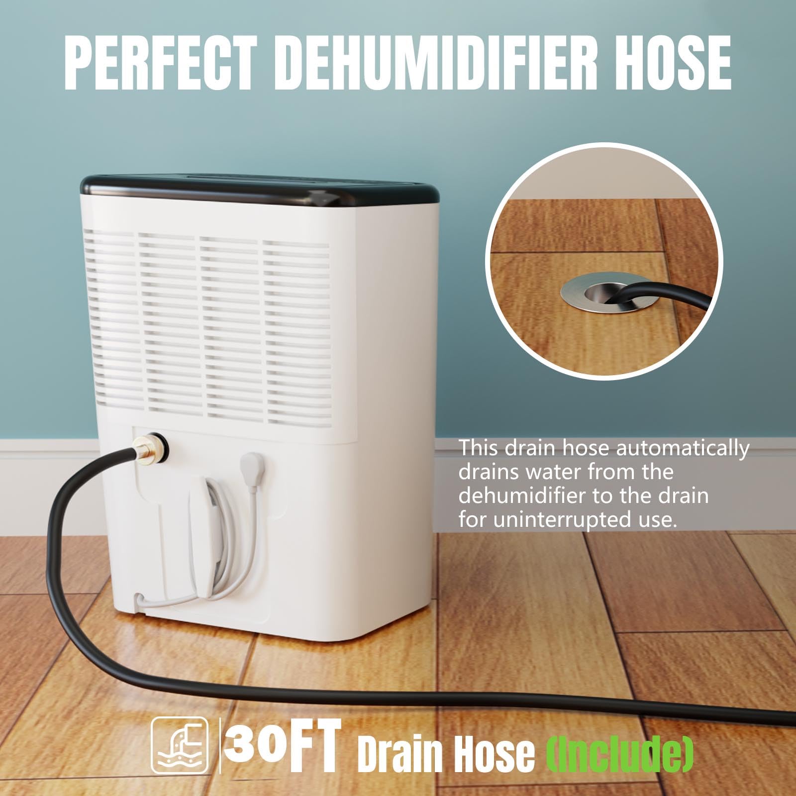 Manguera de drenaje para deshumidificador Boombamo de 30 pies (3/4 FHT), a prueba de fugas con conector resistente a la corrosión, engrosada para deshumidificadores de interiores, compatible con la