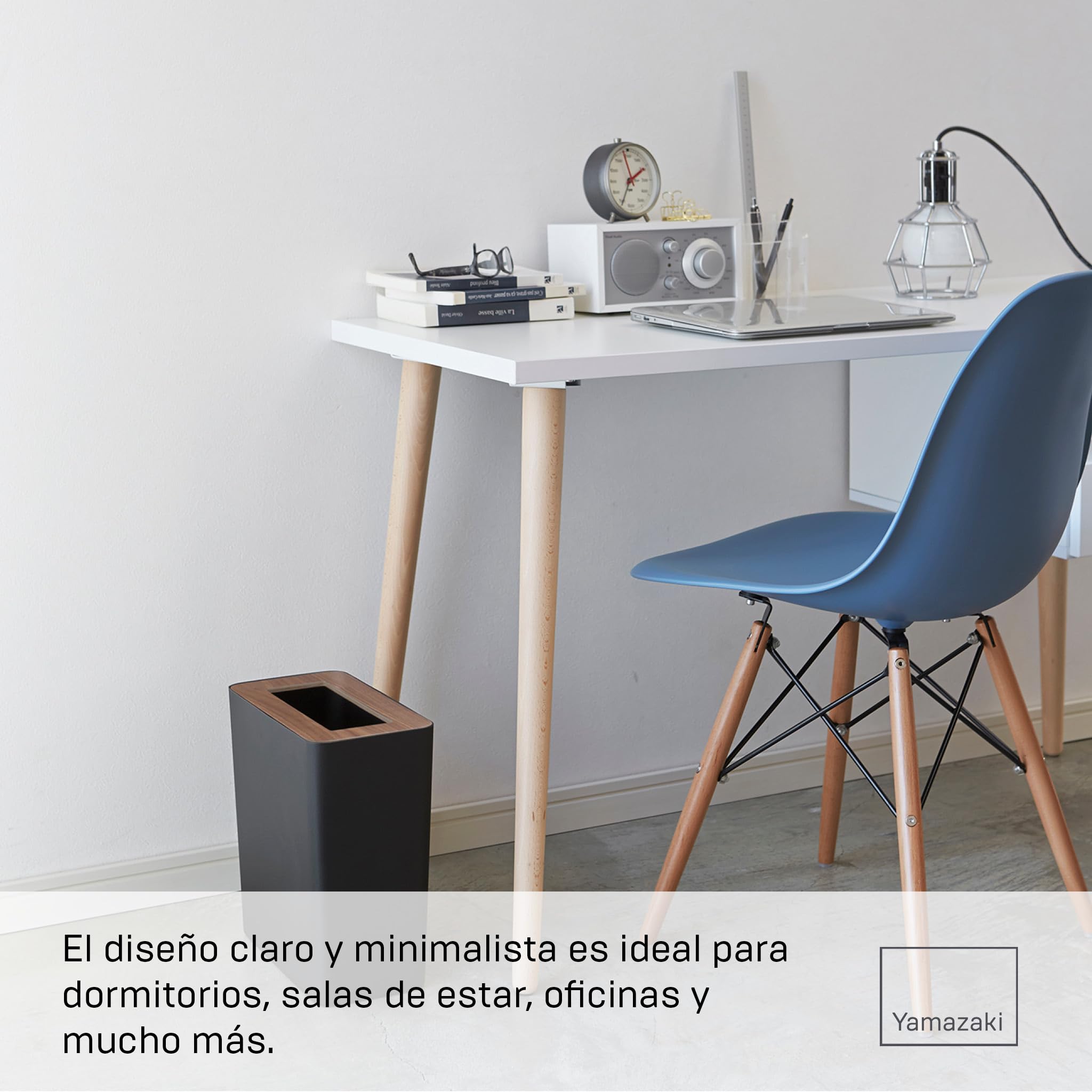 YAMAZAKI 3195 RIN Papelera rectangular, negro, acero/madera, diseño minimalista, 28 x 15 x 30 cm (L x An x Al)