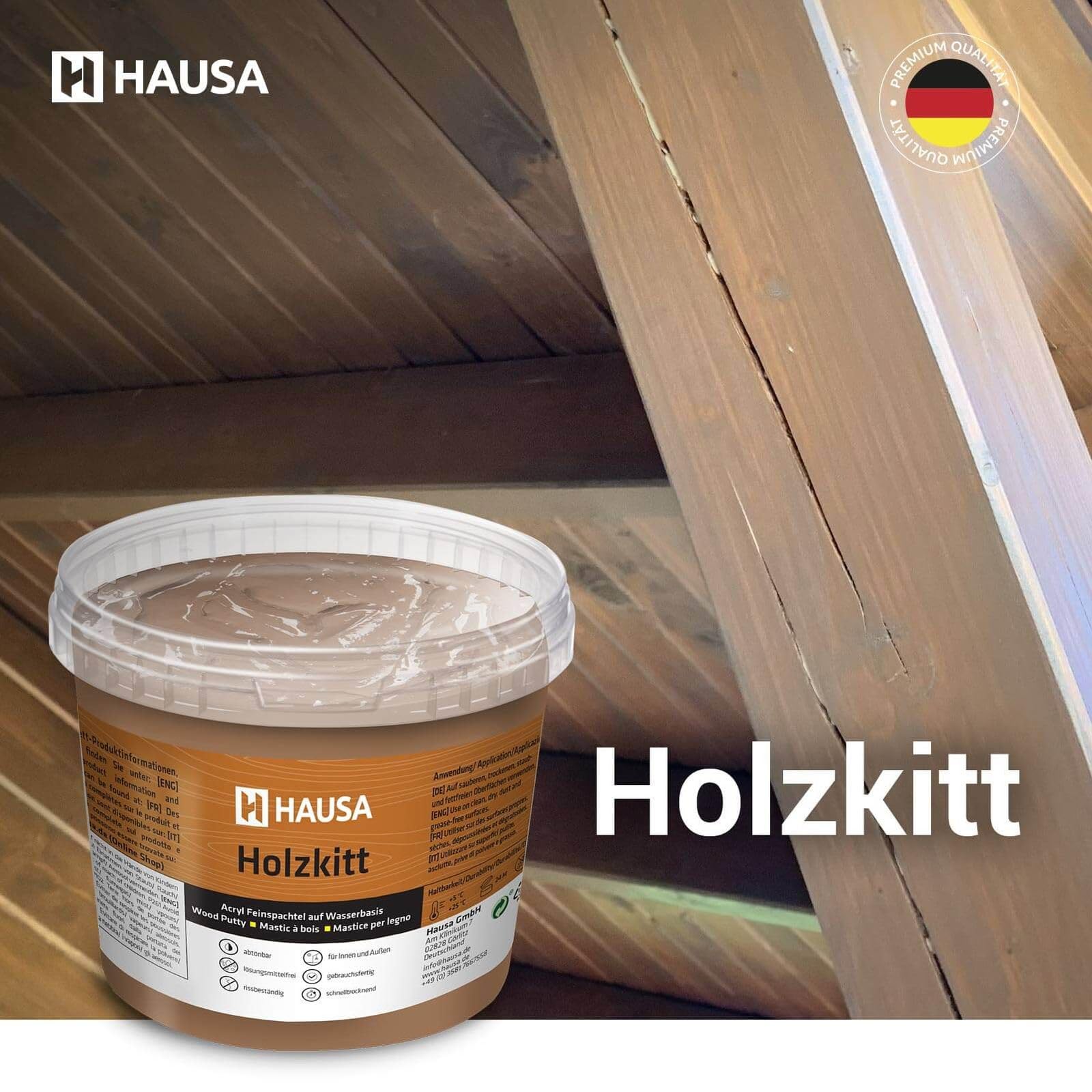HAUSA Stucco per legno 250 g, stucco per legno di abete, kit per legno, stucco/impasto per legno per riparare danni al legno, pronto all'uso, eccellente potere riempitivo, asciugatura rapida