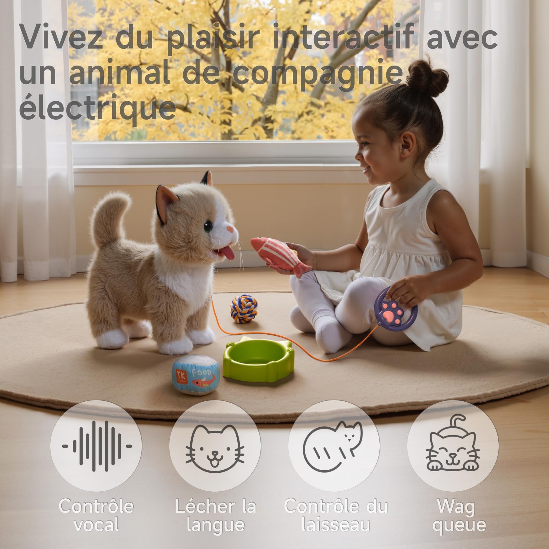 TUMAMA Peluche Interactif pour Chat Jouet Enfant 3-6 Ans Qui Marche Et Aboie en Laisse