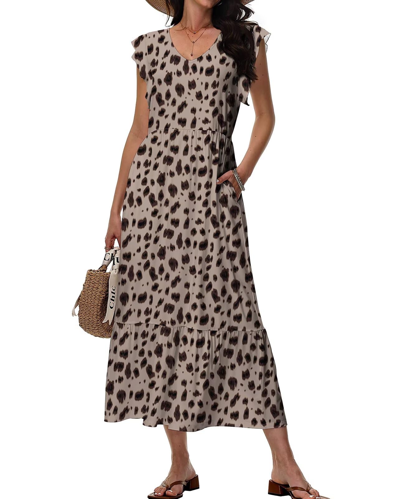 Tanmolo Maxikleid Damen Sommerkleid Lang Strandkleid Mit V-Ausschnitt Im Swing-Stil Mit Blumenmuster Mit Taschen