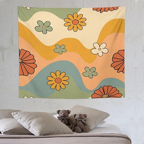ZhiRain Tapiz floral retro de los años 70 para colgar en la pared, tapiz hippie con estampado de ondas y flores, decoración del hogar para sala de