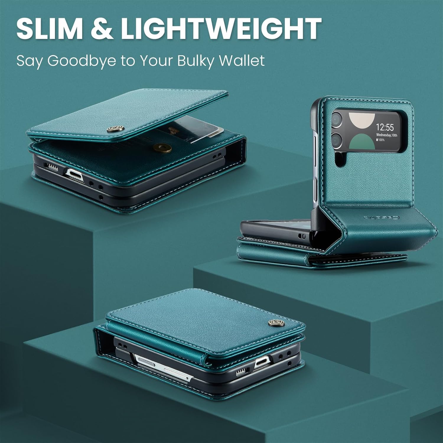 for Samsung Galaxy Z Flip 3 Wallet Case with RFID Blocking and 4 Credit Card Holder, Premium Durable Leather Magnetic Clasp Kickstand Heavy Duty Shockproof Protective Cover.- Green