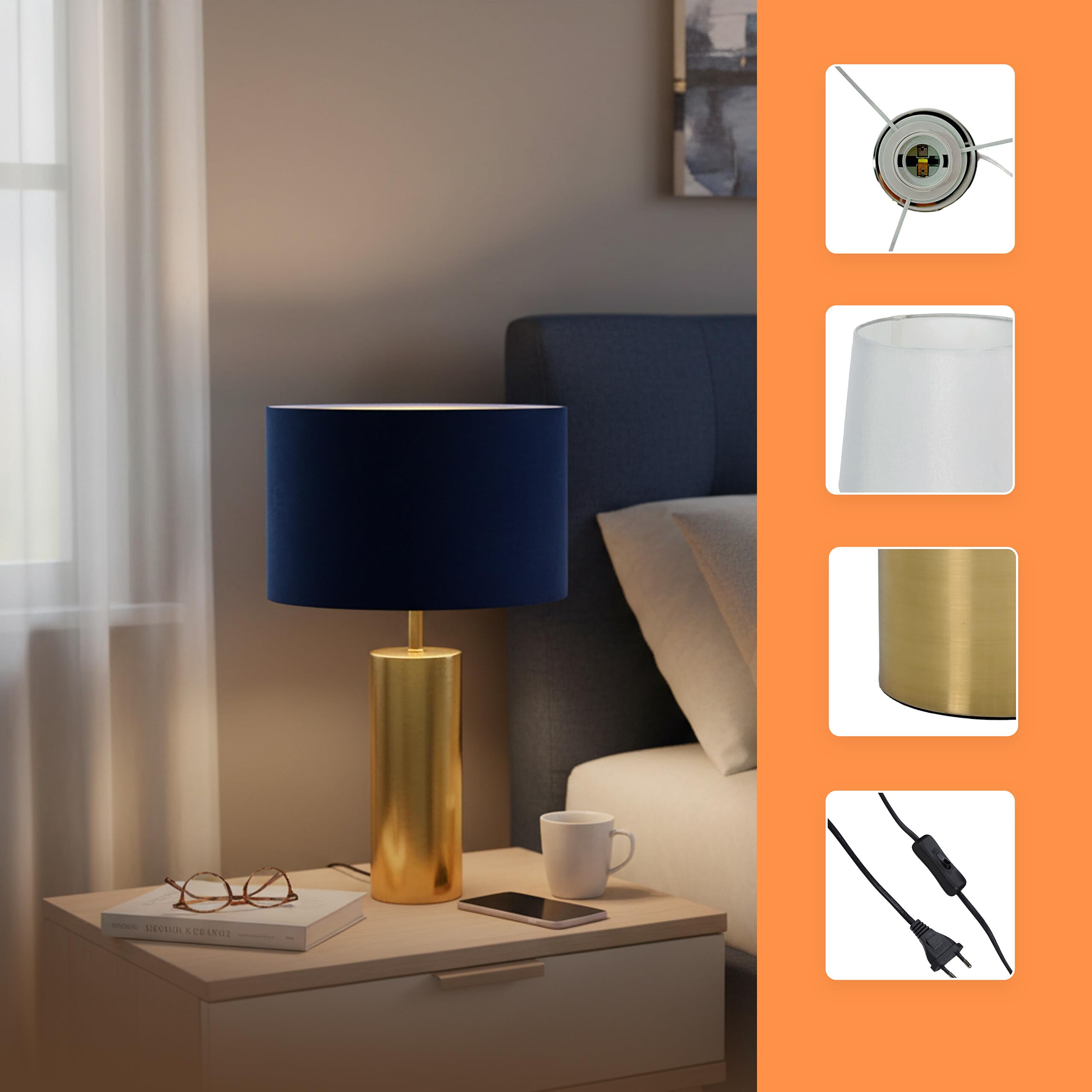 Relaxdays Lámpara de Mesa Terciopelo y Metal con Cable E27, 51x32x32 cm, Azul Oscuro y Dorado