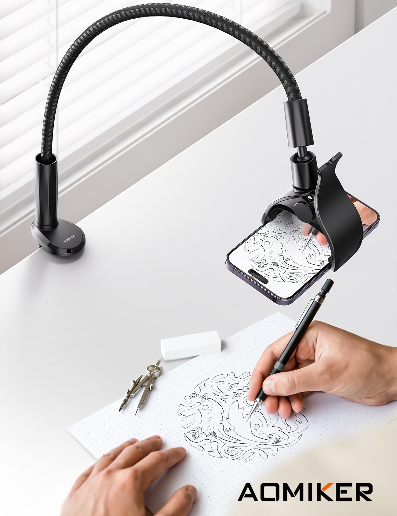 Aomiker Soporte de cuello de cisne para cama – [Trenza de nailon actualizada 2024] Clip flexible de brazo perezoso de 38 pulgadas de largo, soporte de teléfono ajustable de 360 grados para iPhone 15,
