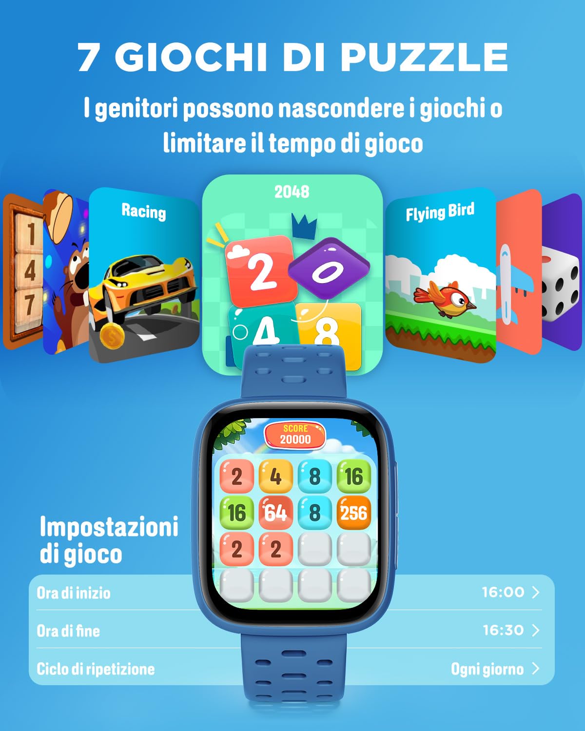 BIGGERFIVE Smartwatch Bambini Bambina Ado 5-16, 1,8" Amoled Fitness Tracker | Orologio Contapassi, Frequenza Cardiaca, Resistente all'Acqua 30m, Monitor del Sonno, Giochi Puzzle con/senza APP, Blu