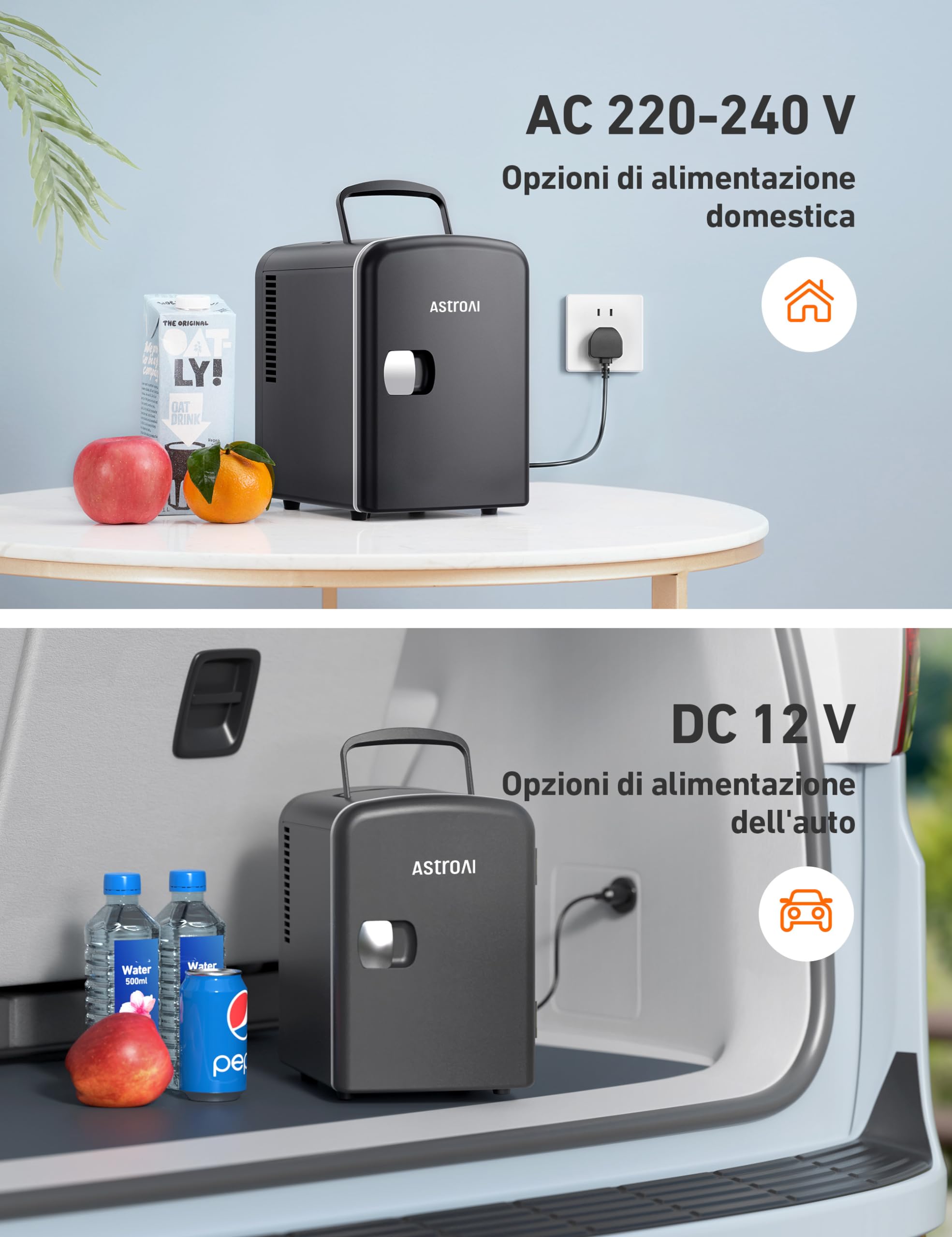 AstroAI Mini frigo 4 litri / 6 lattine Sistema di raffreddamento e riscaldamento portatile alimentato CA/CC per auto, case, uffici e dormitori (Nero)