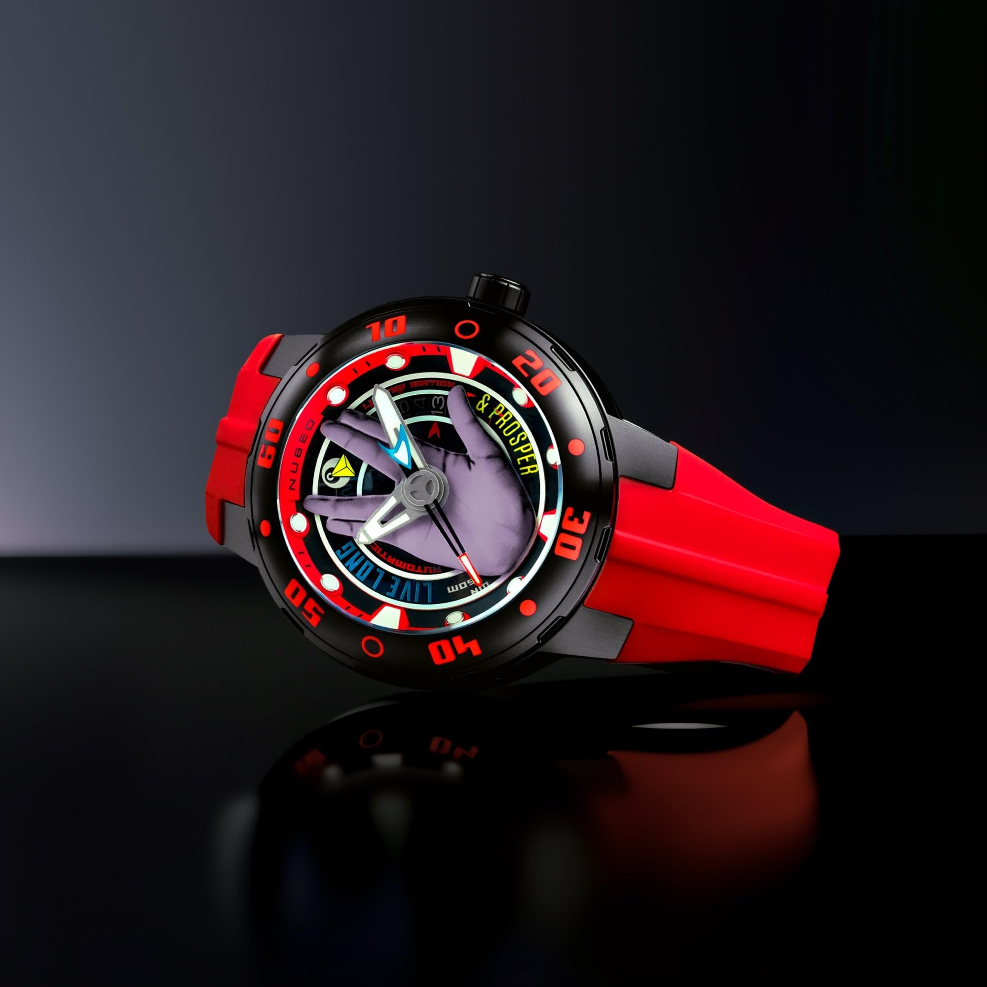 Nubeo Orologio da uomo 50 mm Mariner automatico Star Trek Live Long & Prosper Limited Edition con cinturino in silicone NB-6122, Rosso Vulcaniano, Cinturino