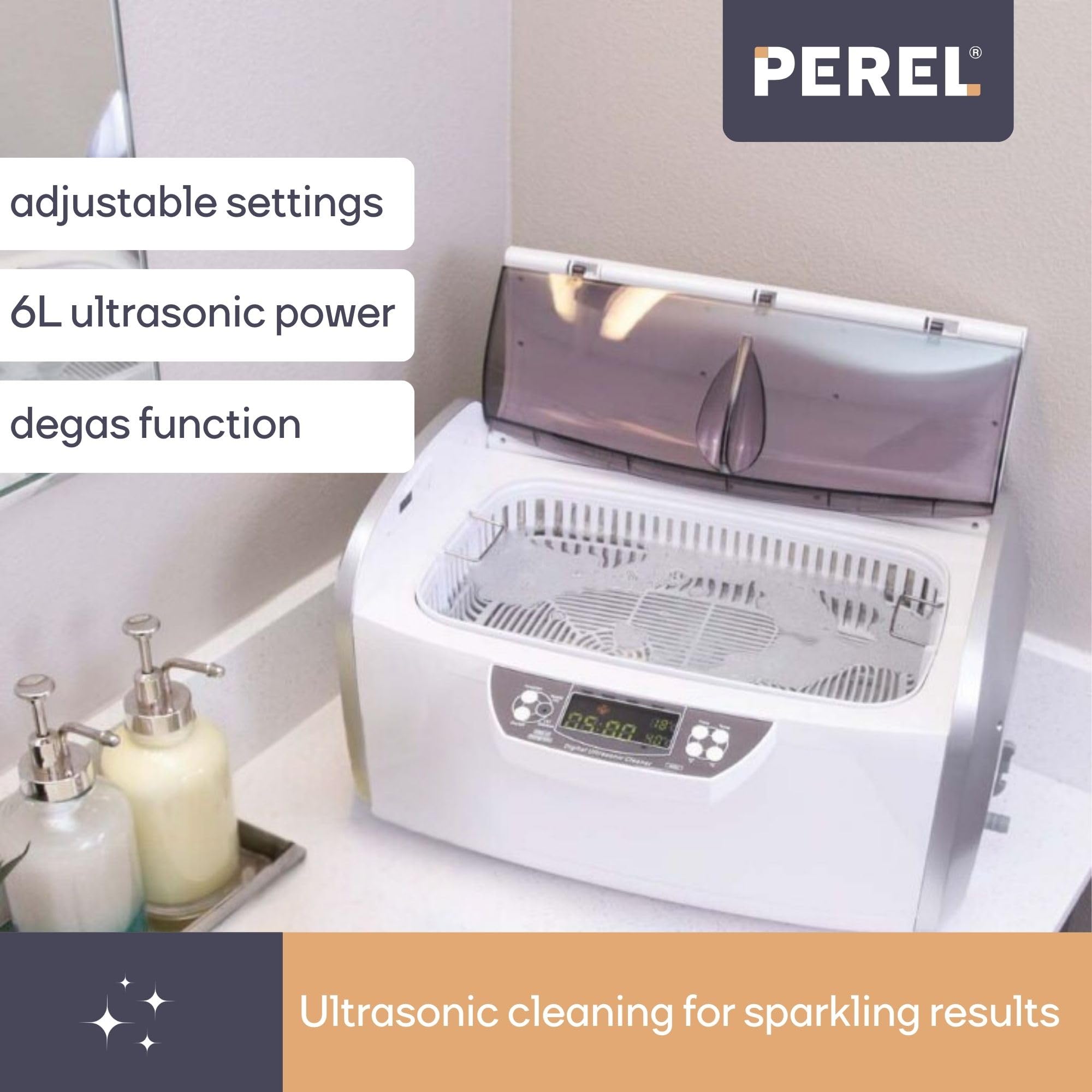 Perel Myjka ultradźwiękowa 6 L, ultrasonic cleaner 35 kHz, do biżuterii okularów zegarków protez monet kluczy, stal nierdzewna, timer cyfrowy i regulacja temperatury, zawór spustowy, biała