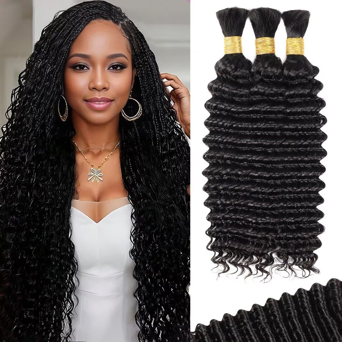 100g 3 Bundles/Pack Human Braiding Hair for Boho Braids 16 Inch Curly Boho Hair for Braiding Knotless 12A Deep Wave Bulk Bohemian Natural Black