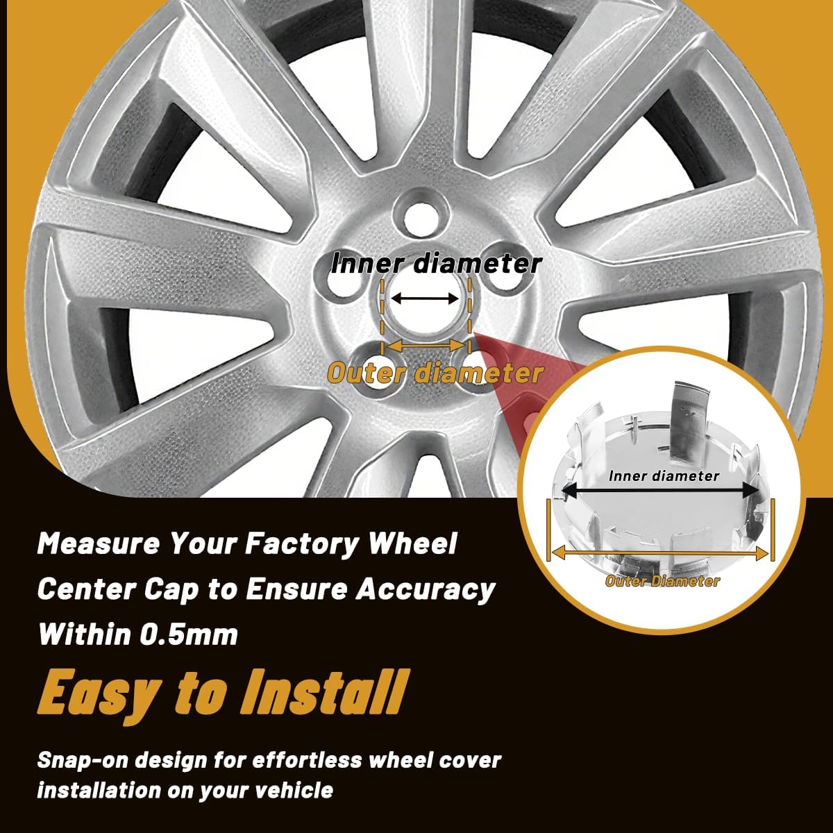 4Pcs 2.23in / 56.6mm Car Wheel Center Caps for 2001-2009 Prius Chrome Outer 2.23 in, Inner 1.97 in Snap-On Hub Caps