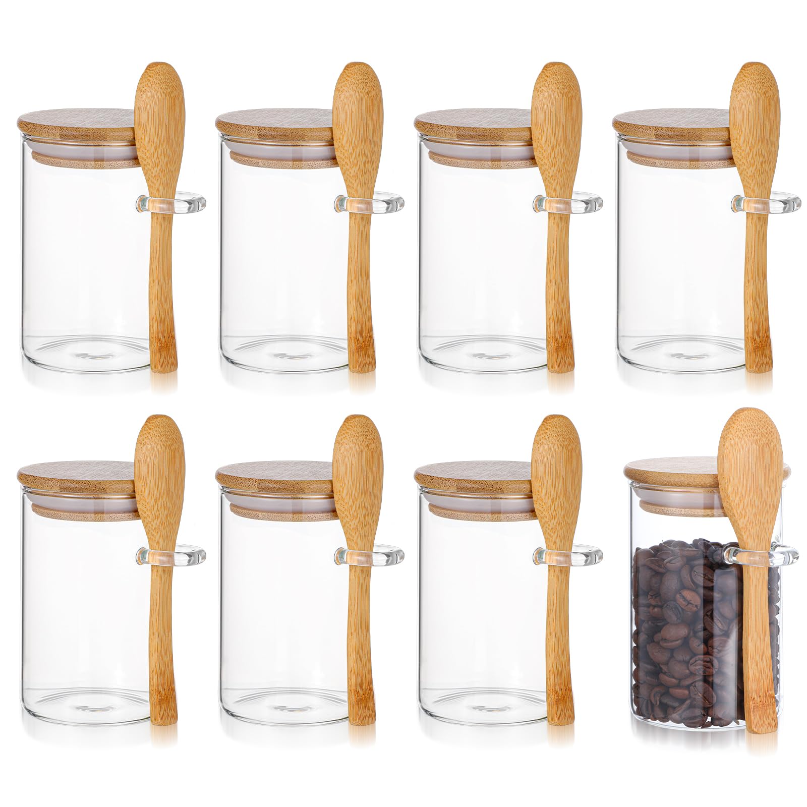 wutfuooo Set of 8 Airtight Glass Jars with Bamboo Lids and Spoons, Glass Food Storage Jars Perfect for Coffee, Tea, Sugar, Spices, Beans, and More