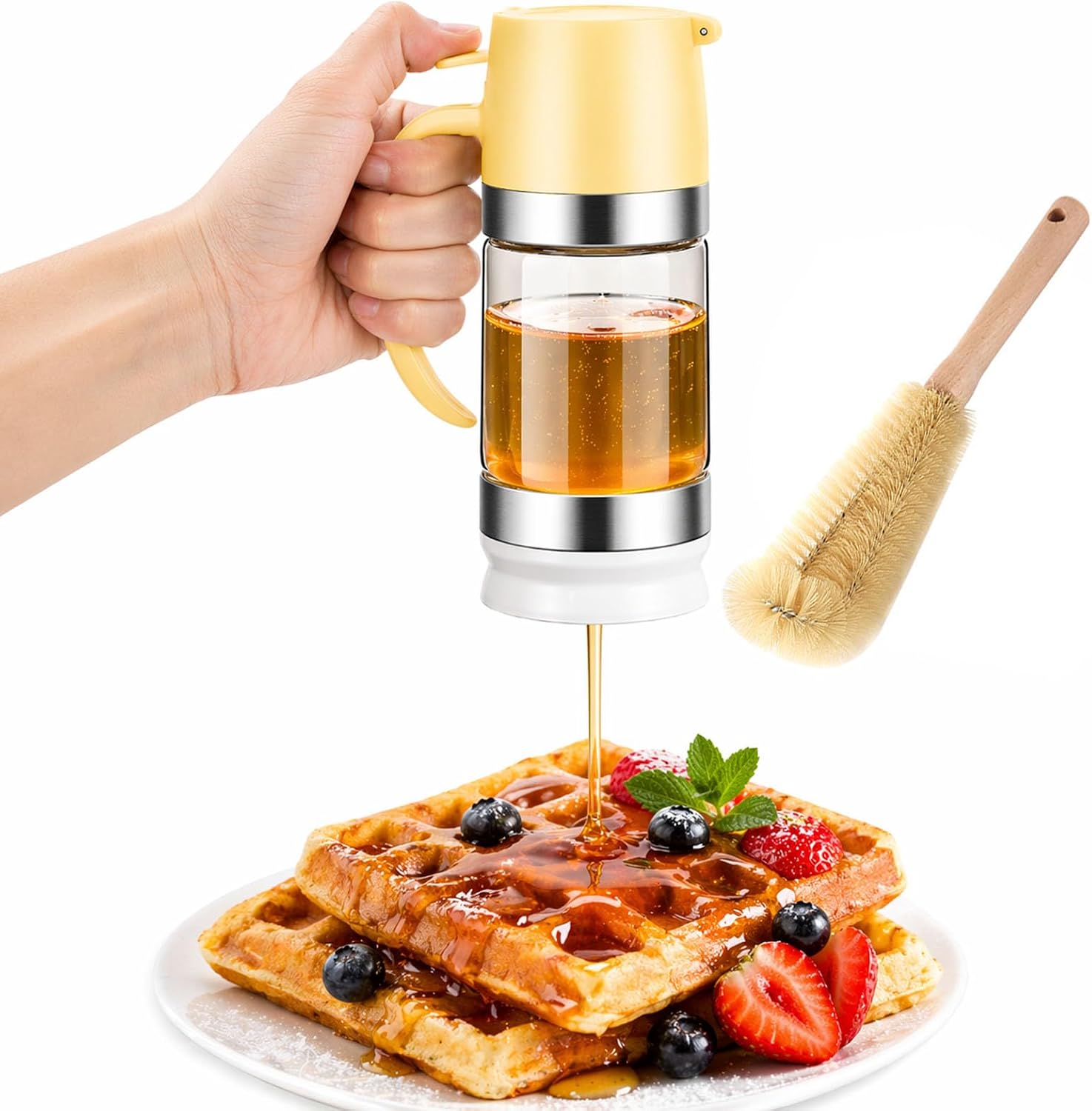Honey Dispenser No Drip with Base - 12 oz Mess-Free Glass Syrup Jar, One-Hand Control for Coffee, Tea & Pancakes, Easy to Use & Clean, Stylish Kitchen Must-Have (Black, 12 oz)
