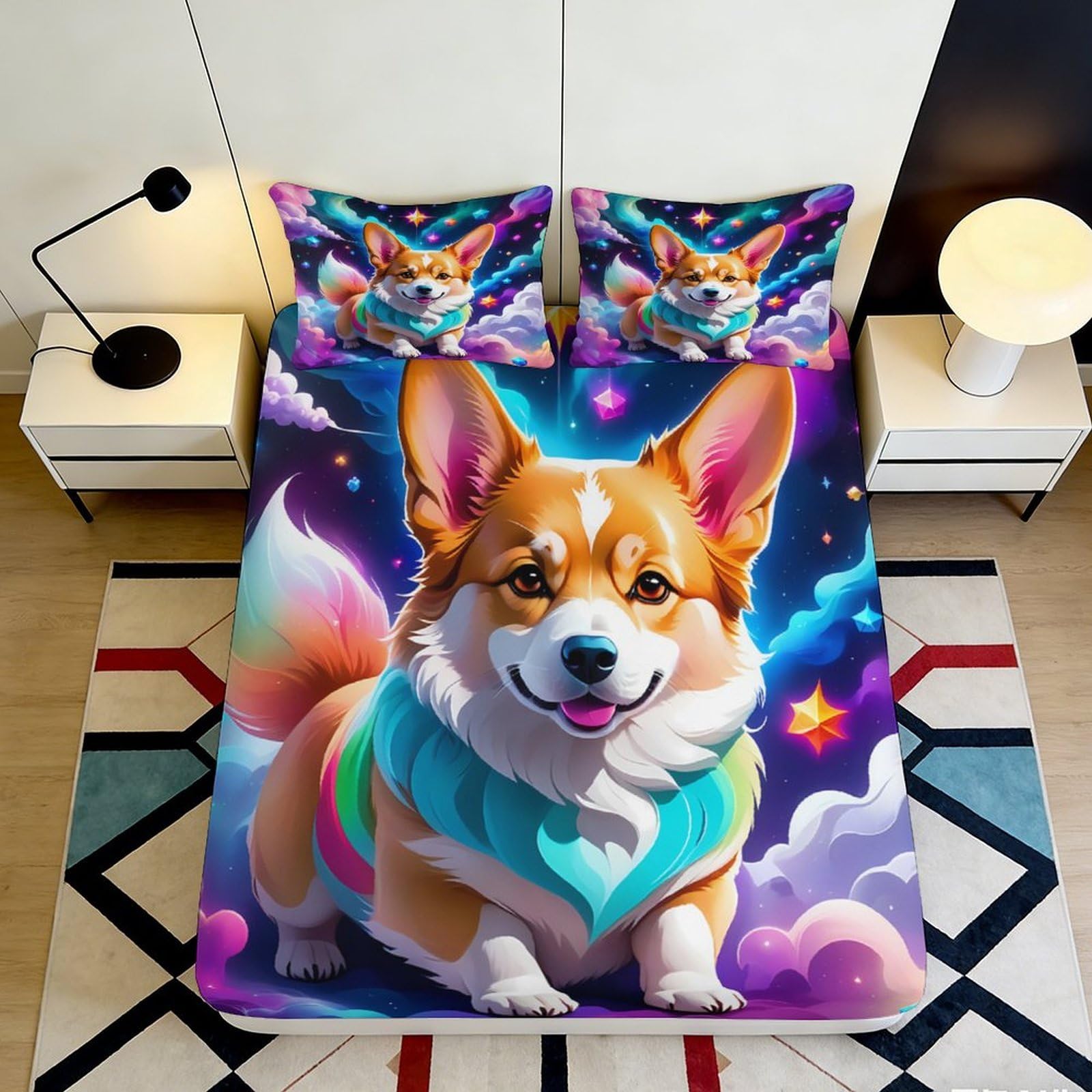 Pnayamiorkfel Style-10 3D Printed Cartoon Corgi Fitted Sheet Microfiber Colourful Starry Sky Bed Cover Non-Slip Machine Washable Decor 90X200x25cm