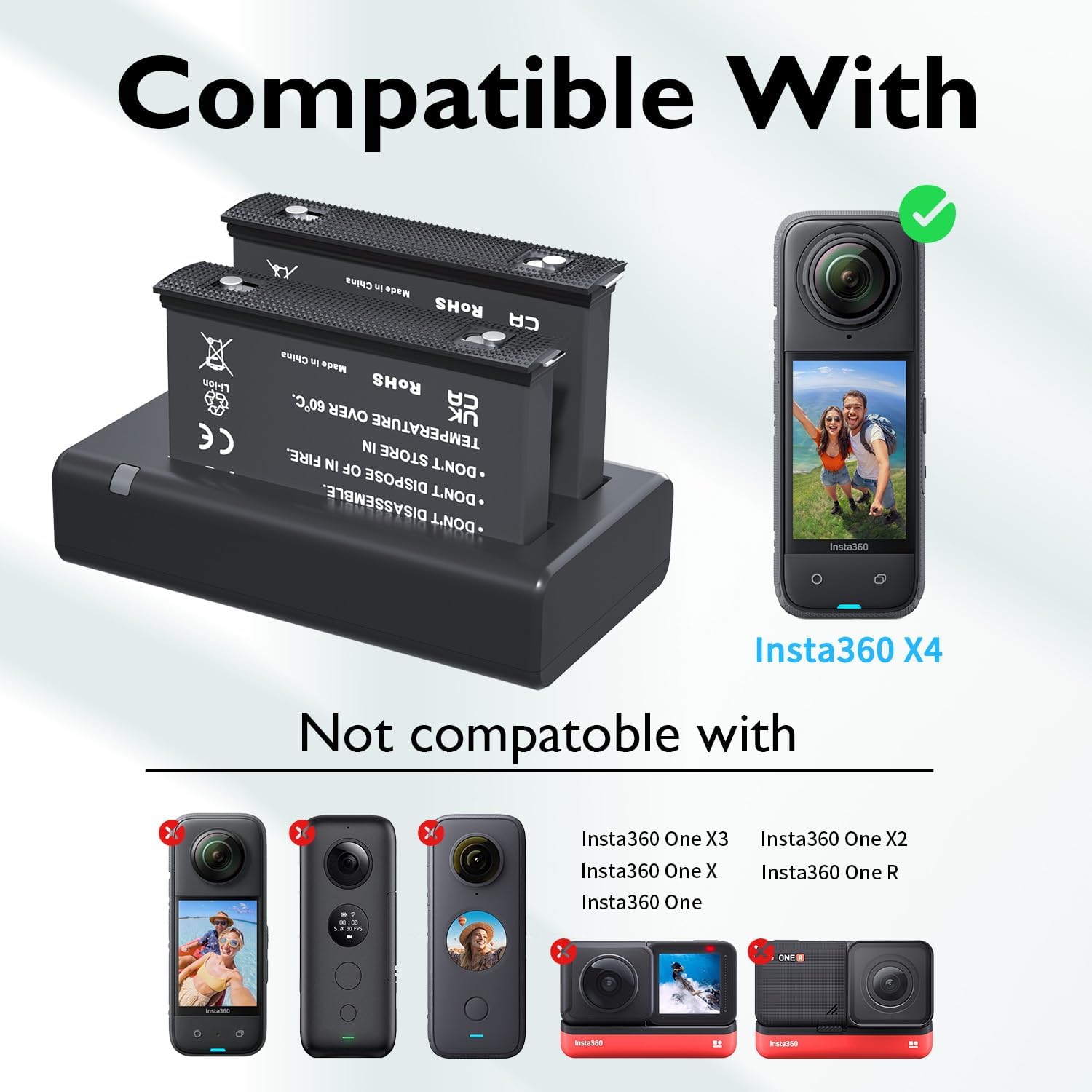 LP Insta 360 X4 Battery Charger Kit, 2500mAh Batteries, USB-C Fast Charging Hub, 3-Slot Charging Station + 2 Extra Batteries