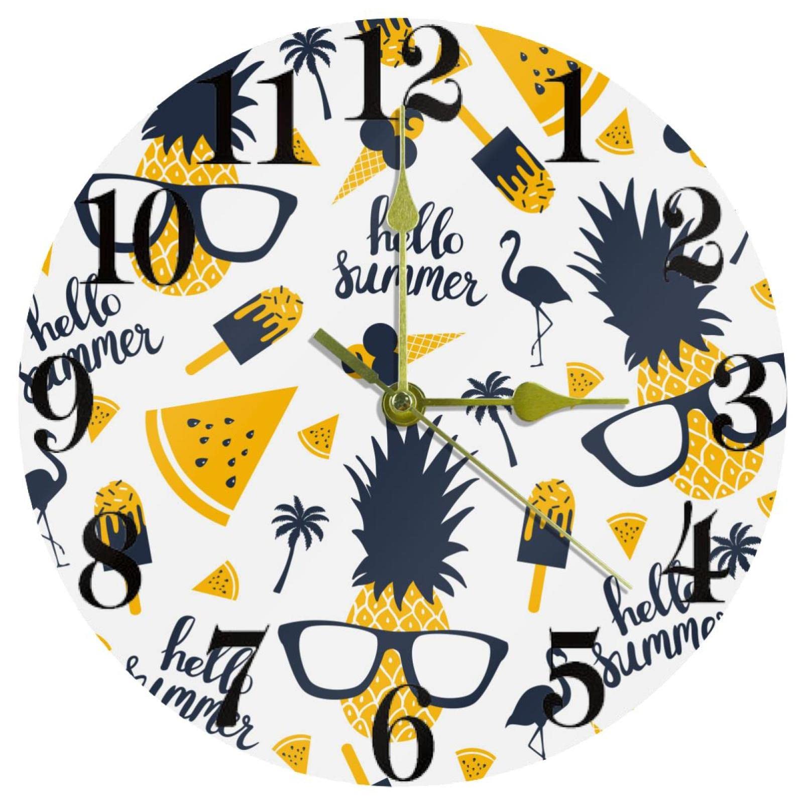 Horloge murale ronde pour cuisine et bureau style ananas tropical coloré