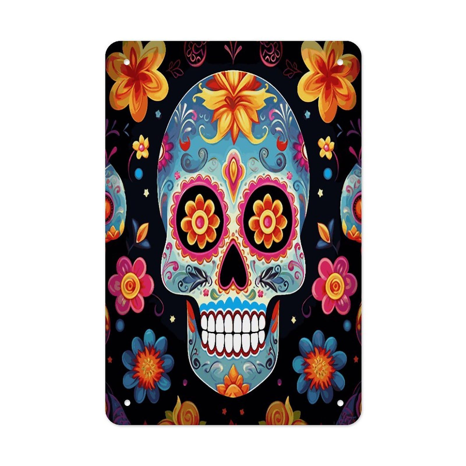 LDGSUPH Sugar Skulls Wall Art Prints Folded Edge Iron Sheet Painting with Holes for Wall Prints Decorative Picture Metal Signboard Decor Painting for Outdoor Indoor Wall Decor
