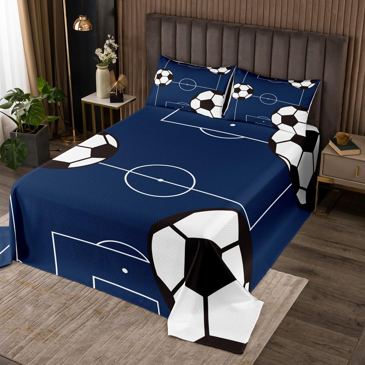 jejeloiu Football Bedspread Twin Size Kids Soccer Ball Pattern Quilted Coverlet for Boys Girls Teens Sports Theme Coverlet Set Breathable Football Court Quilted Room Decor Quilt Set