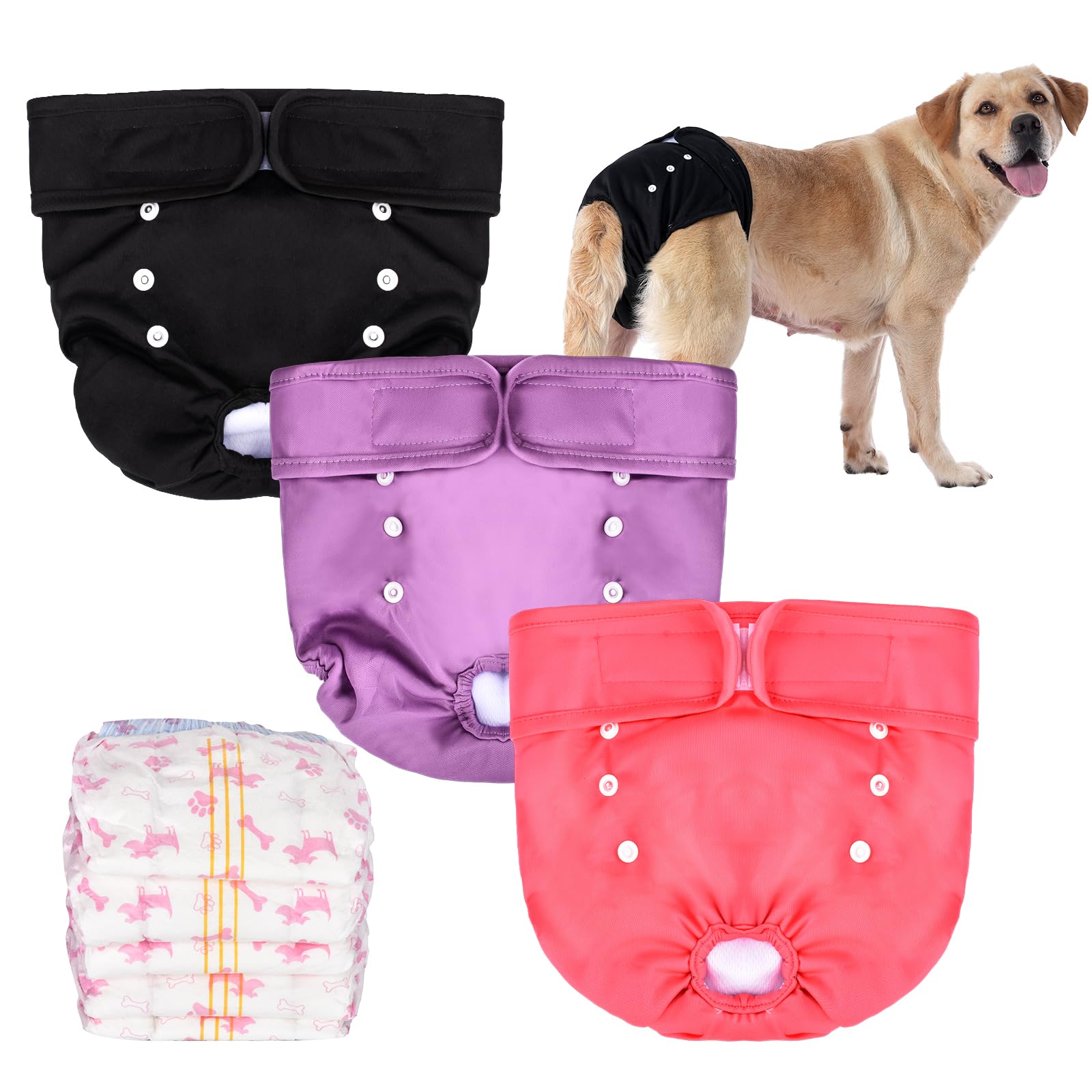 HezzLuv Pañales Reutilizables para Perros Hembra, Paquete de 3 Lavables Pañales Perro Hembra, Bragas Perras Menstruales Altamente Absorbentes, con 5 Pañales Desechables, Multicolor, Tallas S/M/L