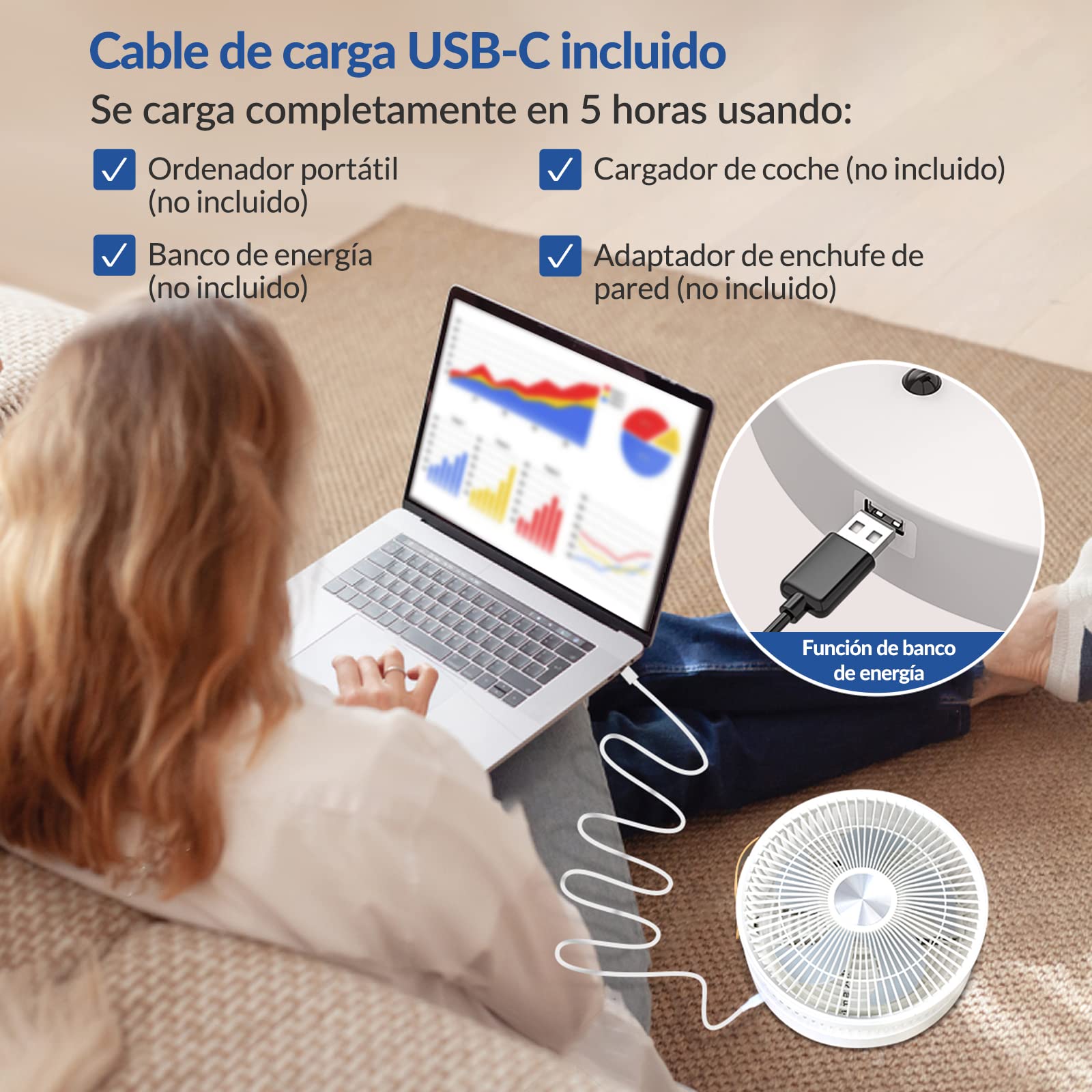 Primevolve Ventilateur De 8" Pliable Avec Télécommande, Batterie 7200 MAh, USB, Ventilateur Sur Pied, Portable, Pour Extérieur, Voyage, Camping, Table Silencieuse Pour Chambre à Coucher, Bureau