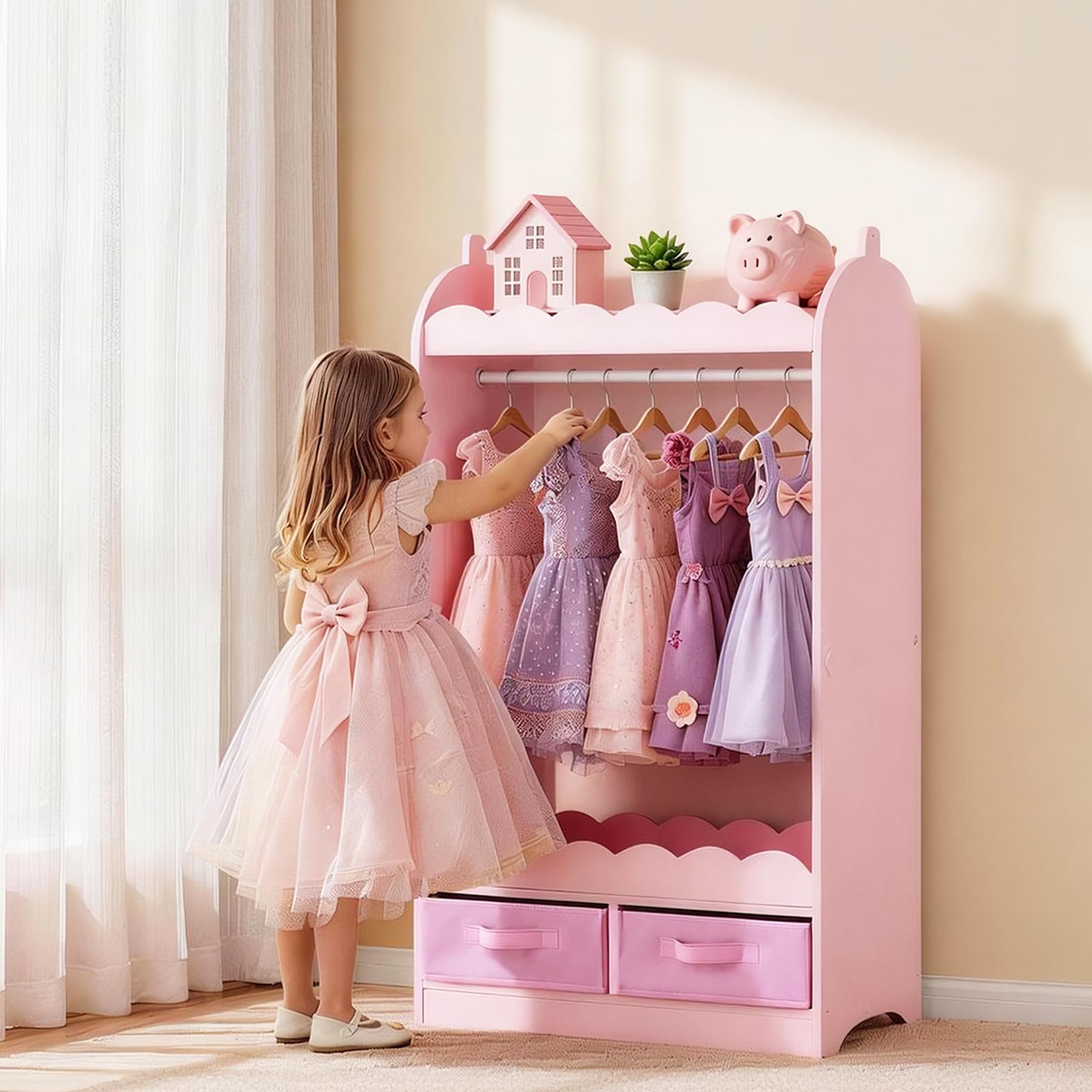 VEVOR Armario de Disfraces para Niños con Espejo, Perchero Infantil con Cajones, Organizador de Ropa, Mueble de Madera Estilo Cuento de Hadas con Barra y Compartimentos para Dormitorio, Juegos, Rosa