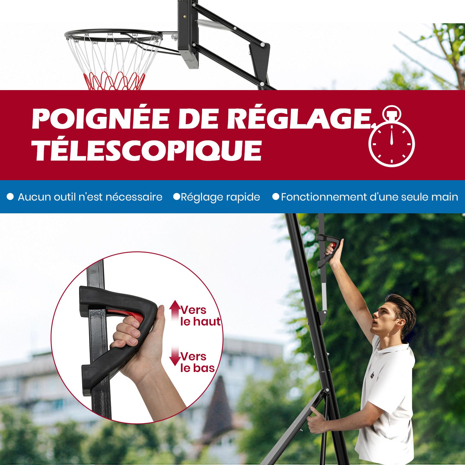 GYMAX Panier de Basketball Extérieur et Intérieur Mobile, Hauteur Ajustable 150-305cm sur 10 Niveaux, Base Remplissable d'eau et de Sable, Structure Stable Triangulaire, pour Enfants et Adultes