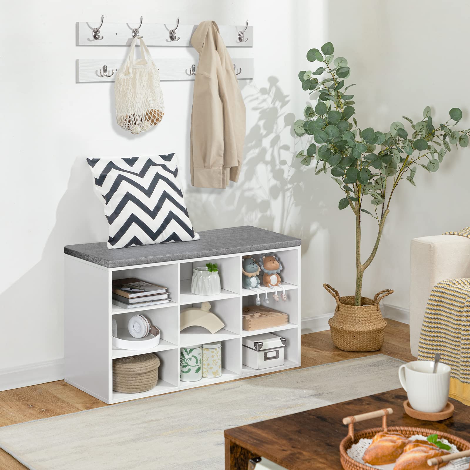 HOOBRO Garderobe Schuhregal Set, Schuhbank mit 9 F Cher, Schuhregal mit gepolsterter Sitzbank, Wandgarderobe mit 9 Haken, Schuhschrank f r Flur, Eingangsbereich, Schlafzimmer wei EWT89HX01