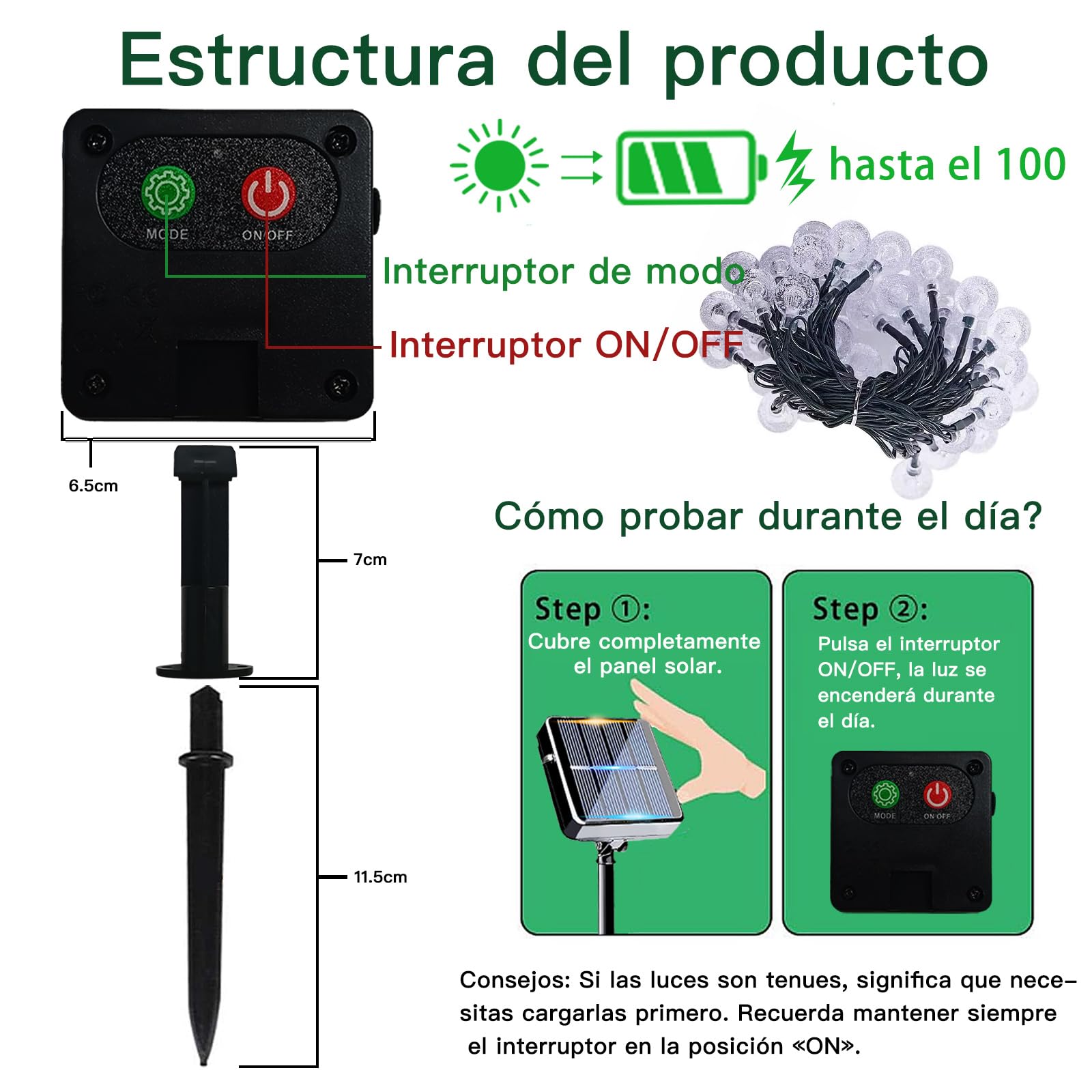 taiyongkang Guirnaldas Luces Exterior Solar, 30 LED 8 m con Bolas de Cristal, 8 Modos, IP65, Cadena de luces solares para Jardín, Balcón, Terraza, Fiestas y Bodas, Navidad (Blanco Cálido)