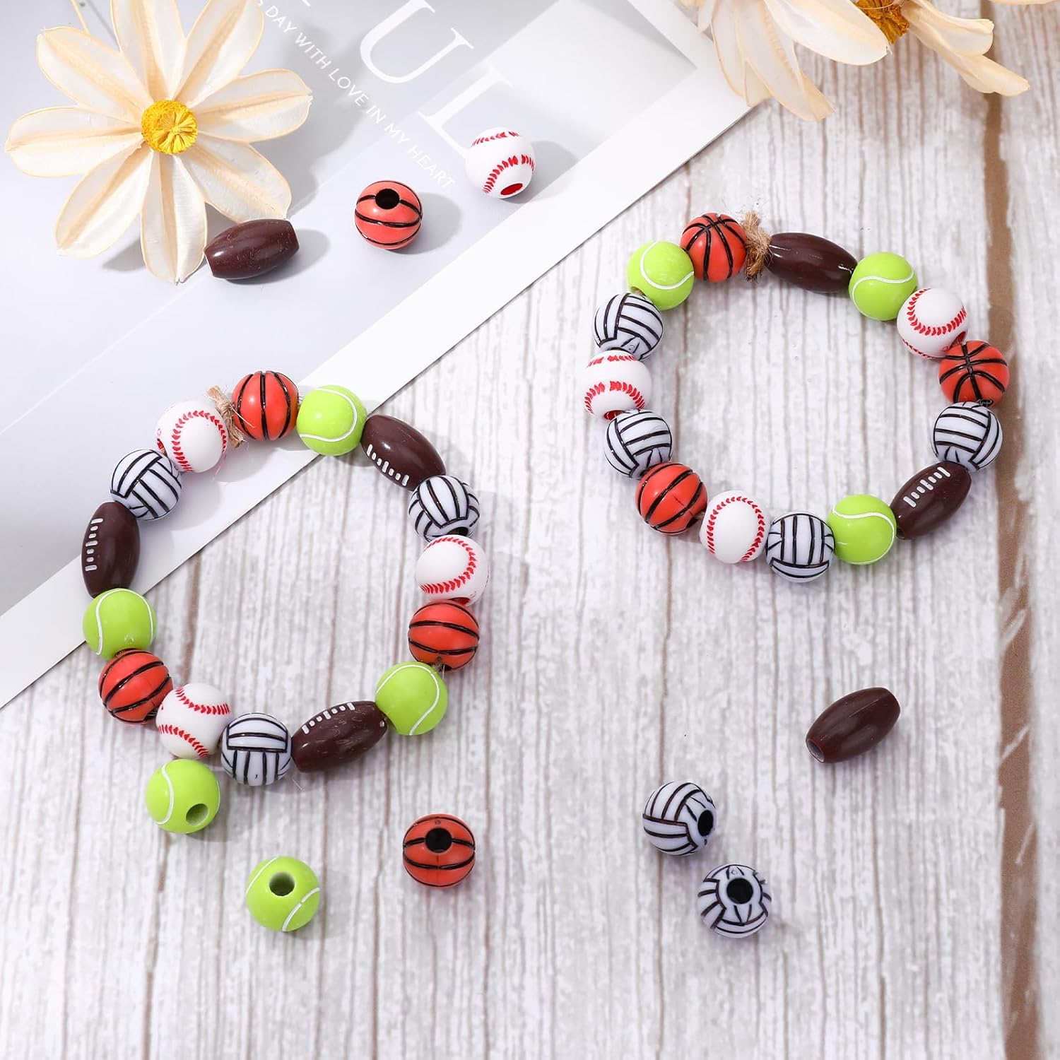 250 Pcs Sports Beads, 12mm Basketball Baseball Volleyball Football Tennis Bead, Acrylic Beads for Bracelets Neckelace Baseball Kechain Sports Football Charms Jewelry Making DIY Crafts - Image 6
