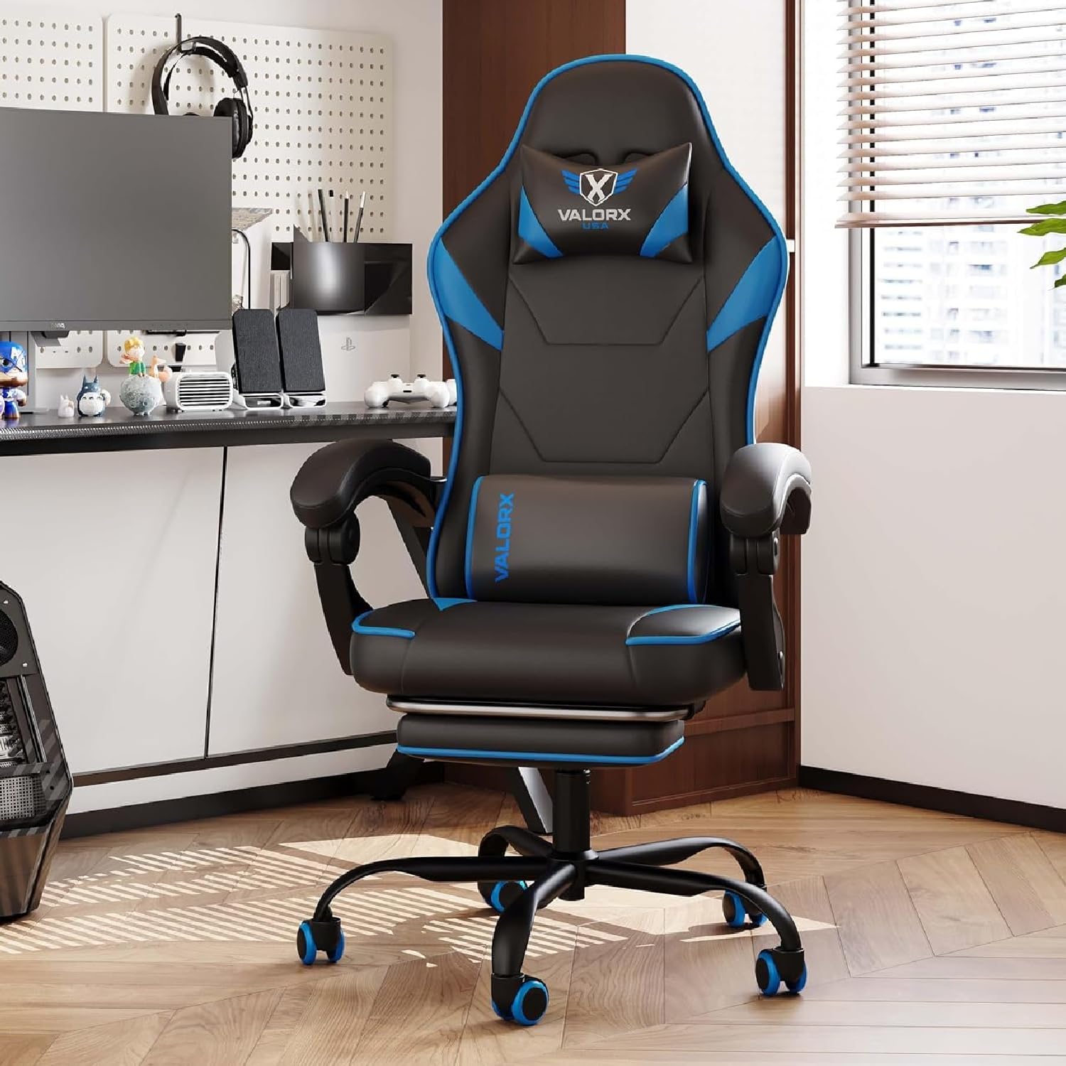 Valor X USA Striker 2026 Edition | Ergonomic Gaming & Office Computer Chair | Premium PU Leather | Dual Massager Back Support | Adjustable Neck & Lumbar Pillow | Ergo Sync Armrests | Footrest (Blue)-image-48