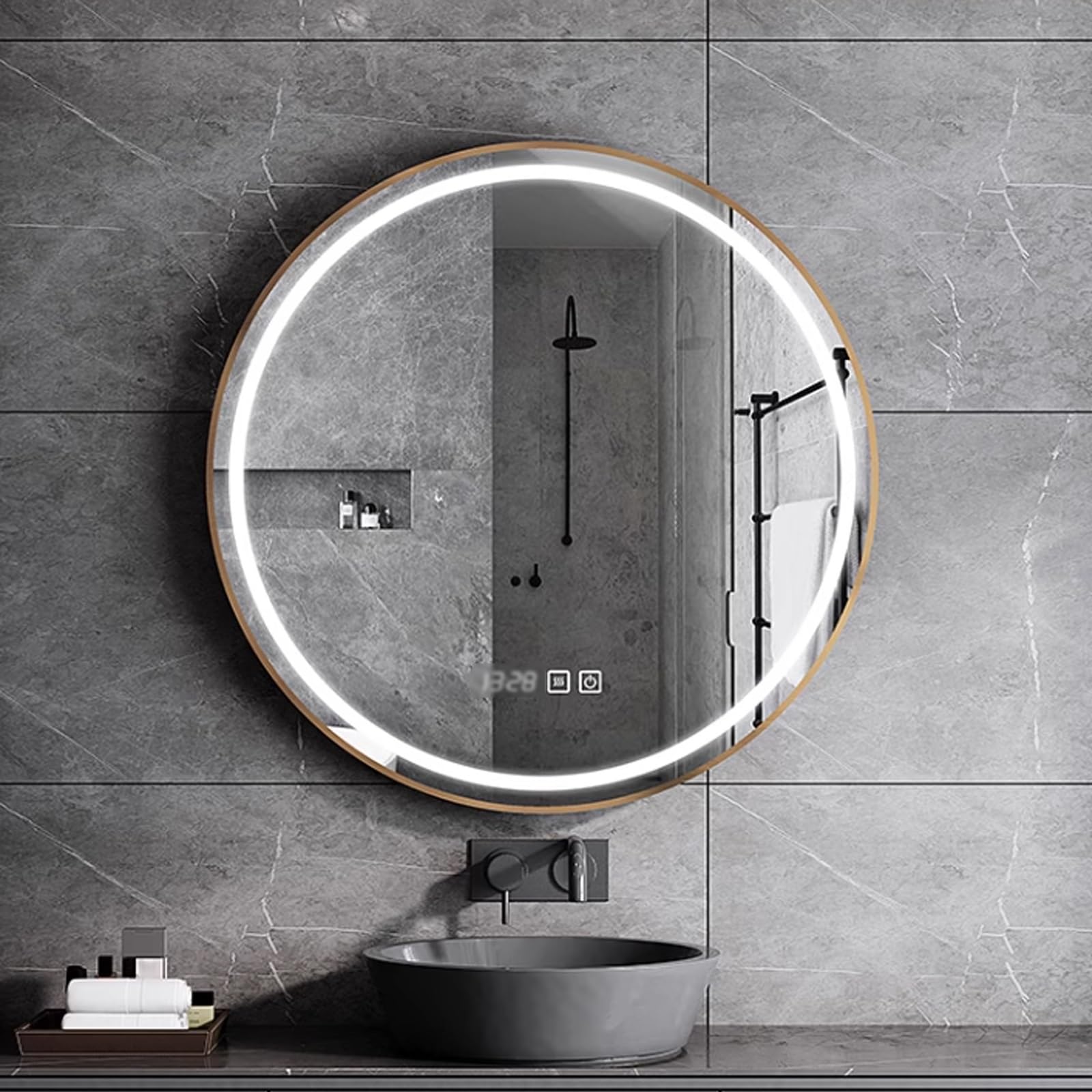 LIDANGUH Round led smart wall mounted mirror with Defogger, bathroom backlit vanity mirror Tri-Colour Dimmable, Aluminum Alloy Frame, Time and Temperature Display(Gold,70 * 70cm/27.6 * 27.6in)