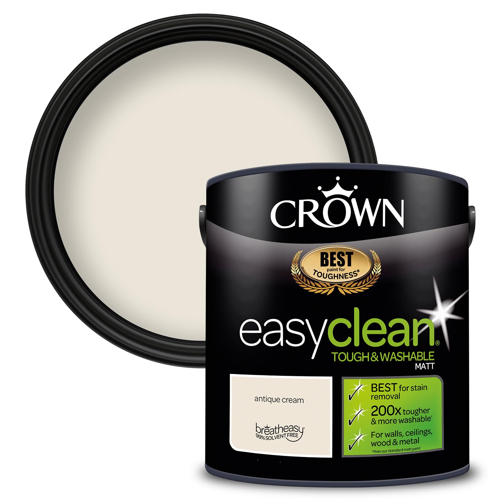 Crown Antique Cream - Washable Matt Emulsion Paint for Walls and Ceilings - Stain Resistant - Mid Cream Finish - Hallway and Playroom - Water Based, Low Odour Paint - 2.5L