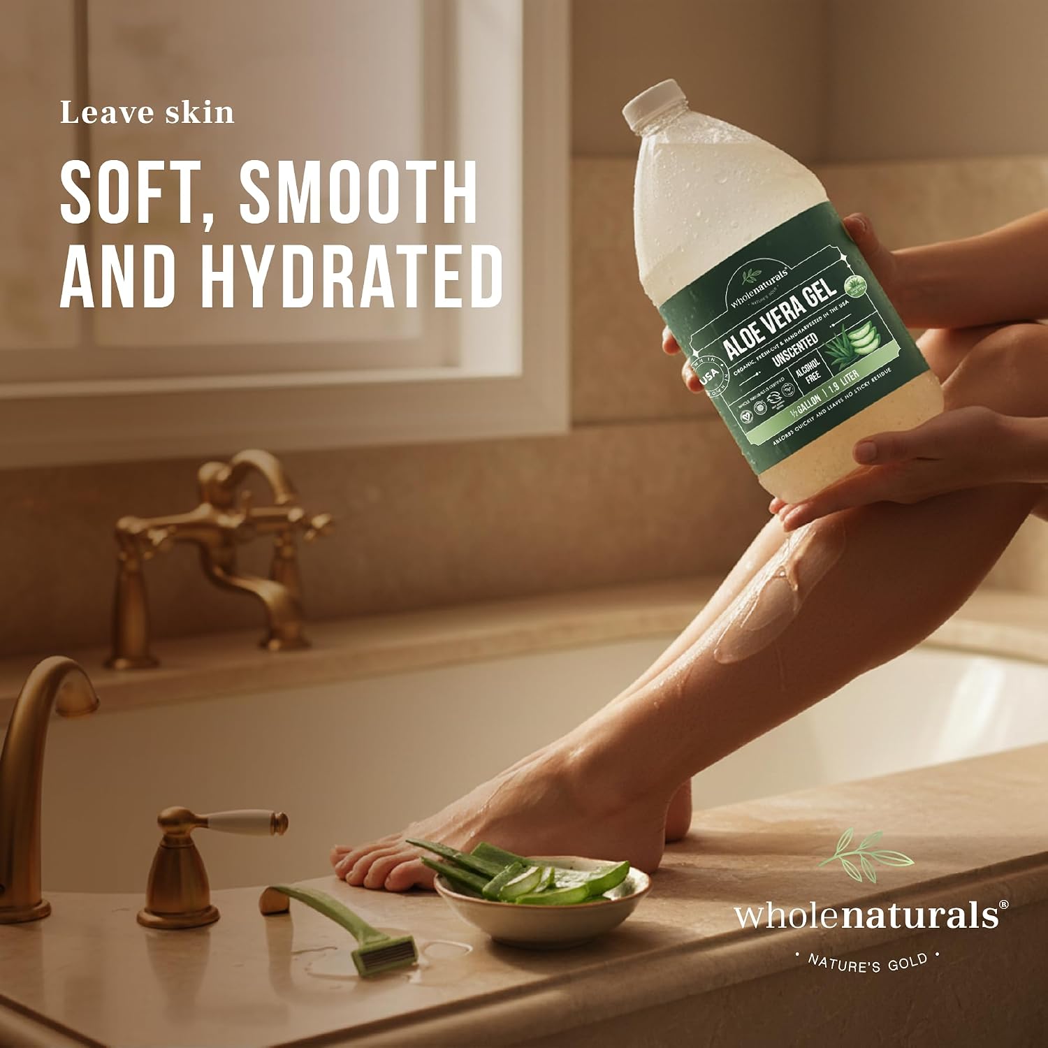 WHOLENATURALS Organic Aloe Vera Gel, EWG Verified, Unscented, From Freshly Cut 100% Pure Aloe, Pure Cold Pressed, Grown in USA, For Face, Skin, Hair & Sunburn Relief, Vegan Certified, 64oz