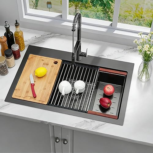 Miniatura 52 de Fregadero de cocina negro de 33 pulgadas, fregadero de acero inoxidable calibre 16, fregadero de estación de trabajo de un solo tazón con reborde