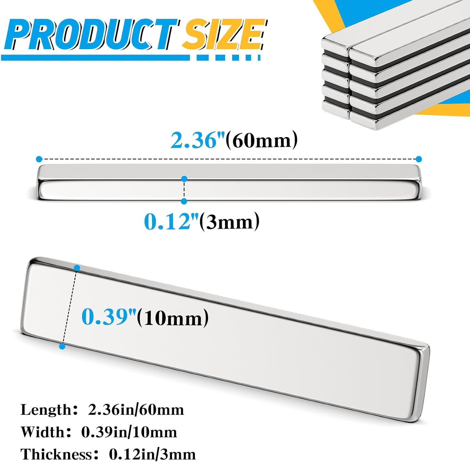 Grtard 60 Pack Powerful Neodymium Bar Magnets, 60 x 10 x 3 mm Rare Earth Magnet Bar, Rectangle Magnet,Neodymium Magnets with Double Sided Adhesive Backing for Outdoor, Fridge, Whiteboard