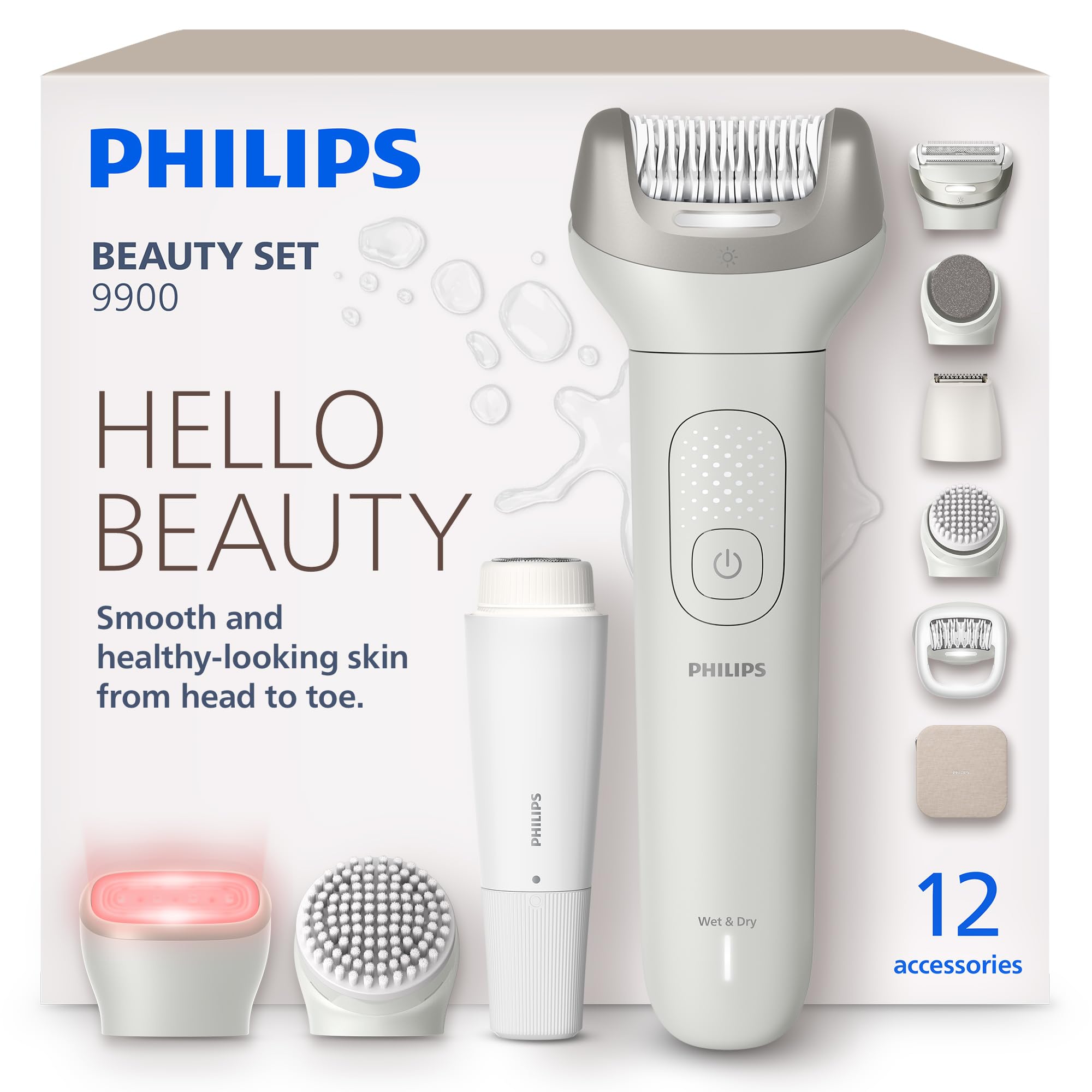 Philips Beauty Set Series 9900 - All-in-One Set for Body, Face, Bikini and Feet, Cordless Epilator for Wet and Dry Use, Hair Removal, Body and Skincare, SkinLED, 12 Accessories, Model BRE749/00