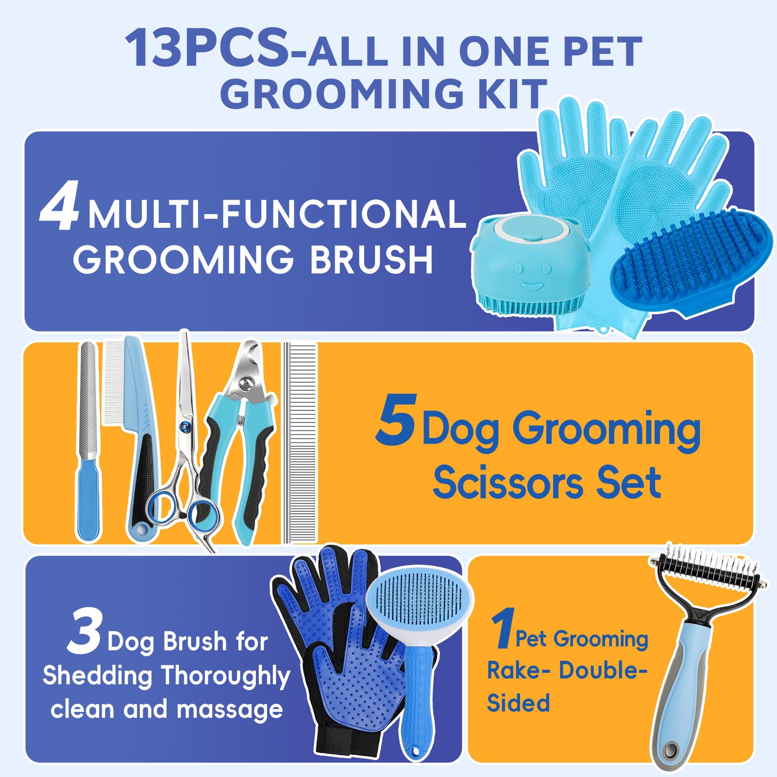 13Pcs Pet Grooming Kit, Dog Cat Deshedding Brush, Nail Clippers with File - Image 2