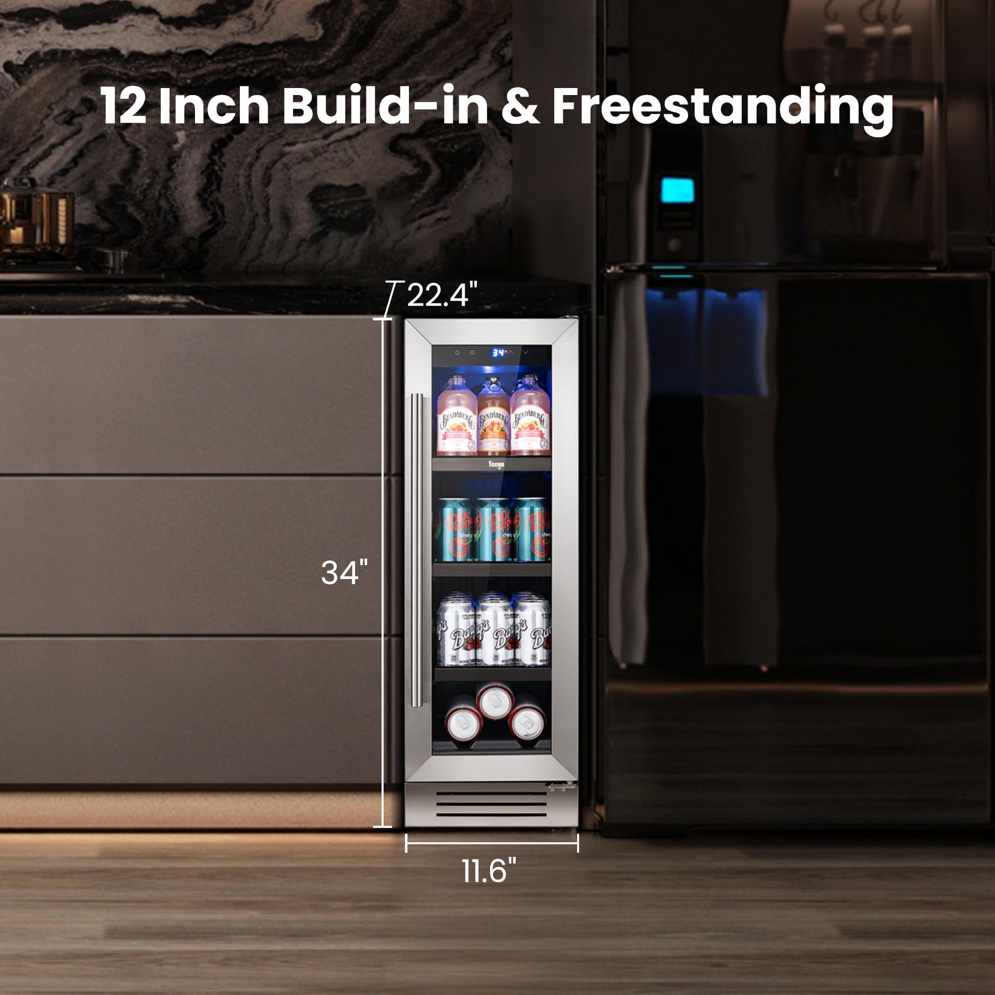 YEEGO 12 Inch Beverage Refrigerator - 60 Cans Compact Beverage Cooler With Glass Door, Under Counter Drink Fridge Built-In Or Freestanding For Soda, Beer & Wine, Office, Kitchen Or Home Bar on Fridge.com - View 6